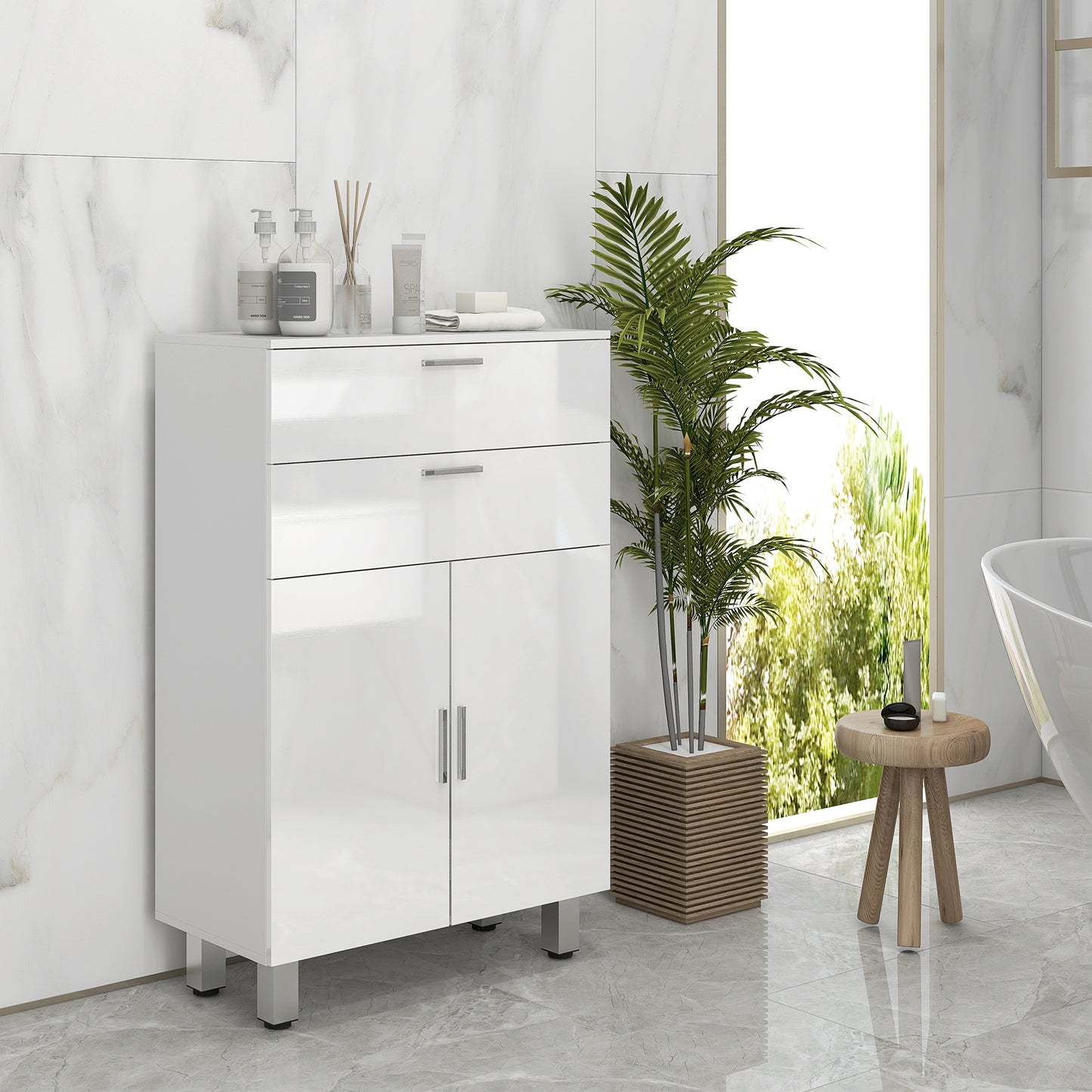 kleankin Mueble Auxiliar Baño Moderno Armario de Baño con 2 Cajones Armario y Estantes Ajustables Mueble de Almacenaje para Salón Dormitorio Antivuelco Carga 35 kg 60x30x93 cm Blanco Brillante