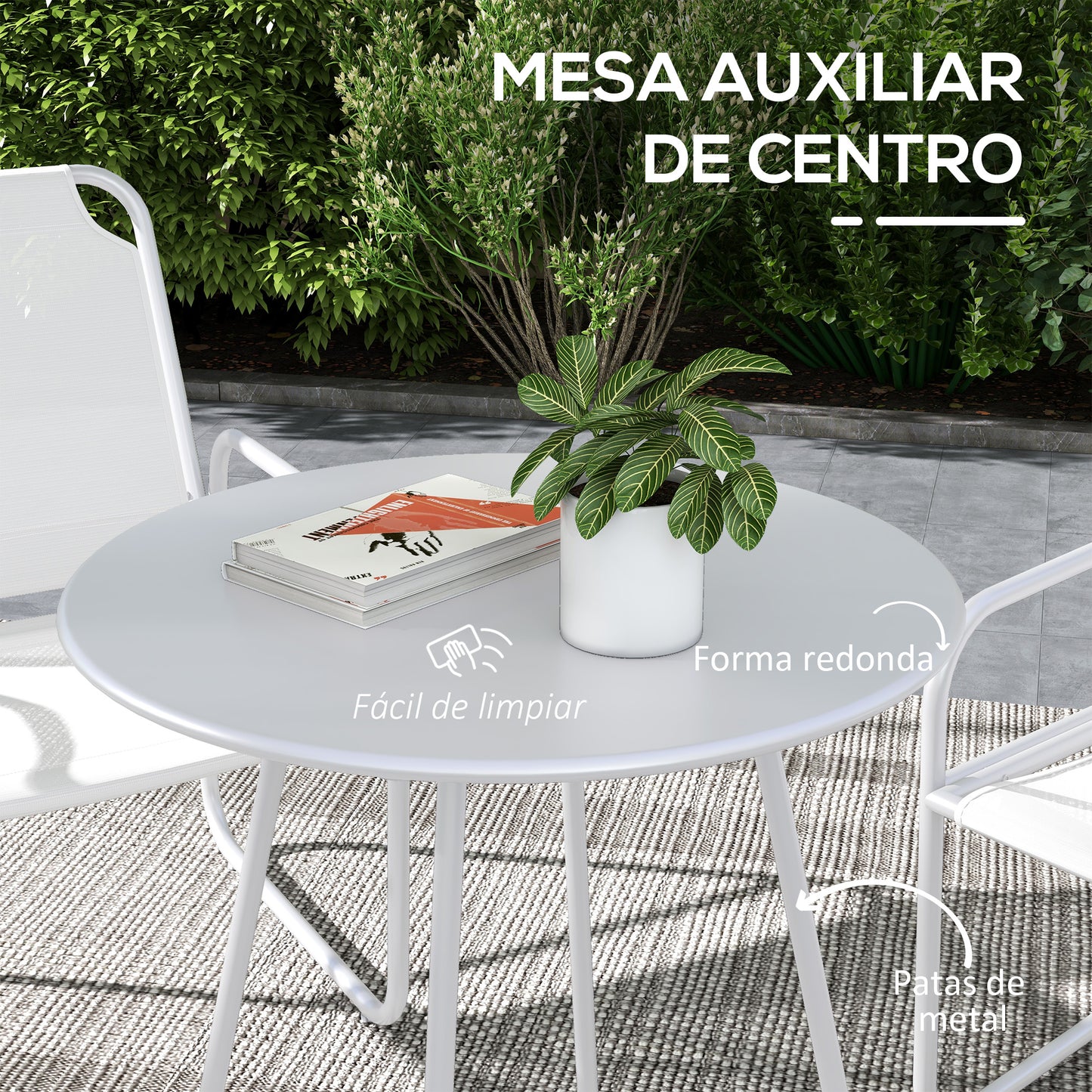 Outsunny Conjunto de Jardín Exterior Muebles de Jardín Exterior Juego de 1 Mesa Redonda y 2 Sillas de Terraza con Marco de Acero Reposabrazos y Almohadillas Ajustables para los Pies Blanco