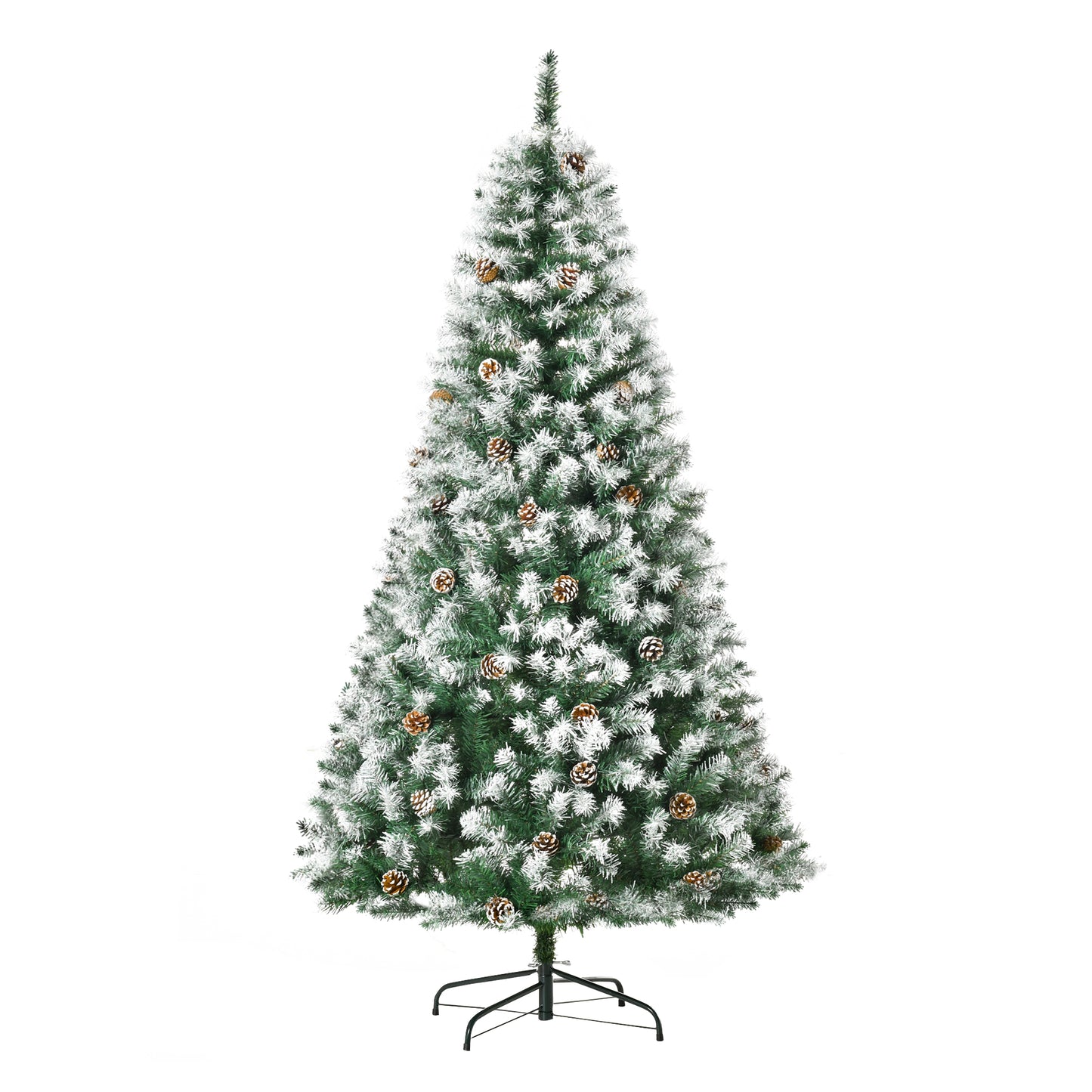 HOMCOM Árbol de Navidad Artificial 180 cm con Nieve Ignífugo con 800 Ramas 61 Piñas Hojas de PVC Apertura Automática Base Plegable y Soporte Metálico Decoración Navideña para Interiores Verde