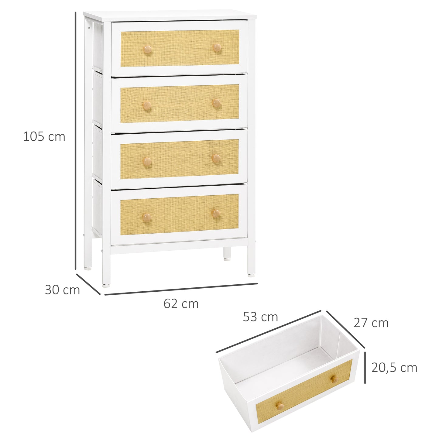 HOMCOM Cómoda de Dormitorio Cajonera de Estilo Bohemio con 4 Cajones de Tela Plegable Superficie de Ratán PE y Marco de Acero para Entrada Salón Pasillo 62x30x105 cm Blanco