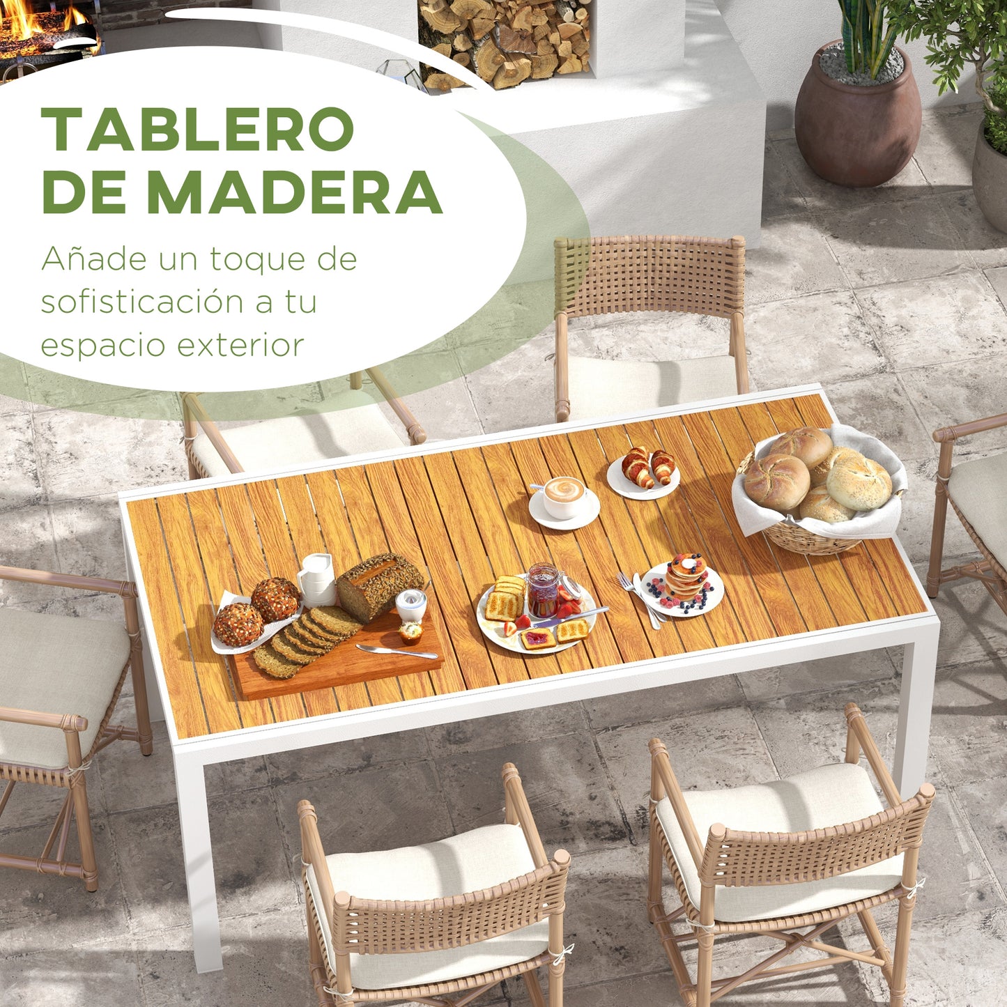 Outsunny Mesa de Jardín Extensible de Aluminio Mesa de Comedor Exterior Rectangular Mesa de Terraza para 6 Personas Efecto de Madera Carga 50 kg 180/240x94x73 cm Marrón