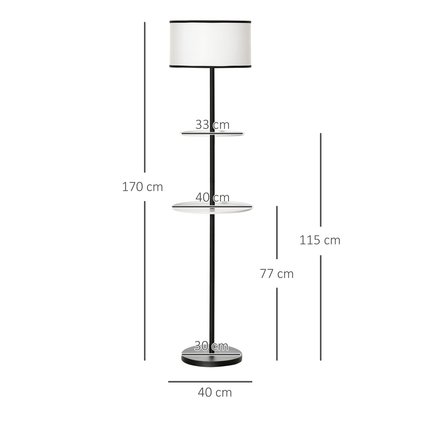 HOMCOM Lámpara de Pie Moderna con 2 Mesas Auxiliares Casquillo E27 Máx. de 40W y Interruptor de Pie Lámpara con Estante para Salón Dormitorio Estudio Ø40x170 cm Blanco y Negro