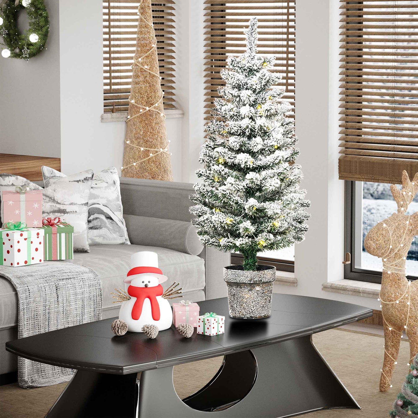 HOMCOM Árbol de Navidad Pequeño Artificial 90 cm con Luces LED 116 Ramas Maceta Desmontable y Soporte de Metal Decoración Navideña para Interior Ø40x90 cm Verde y Blanco