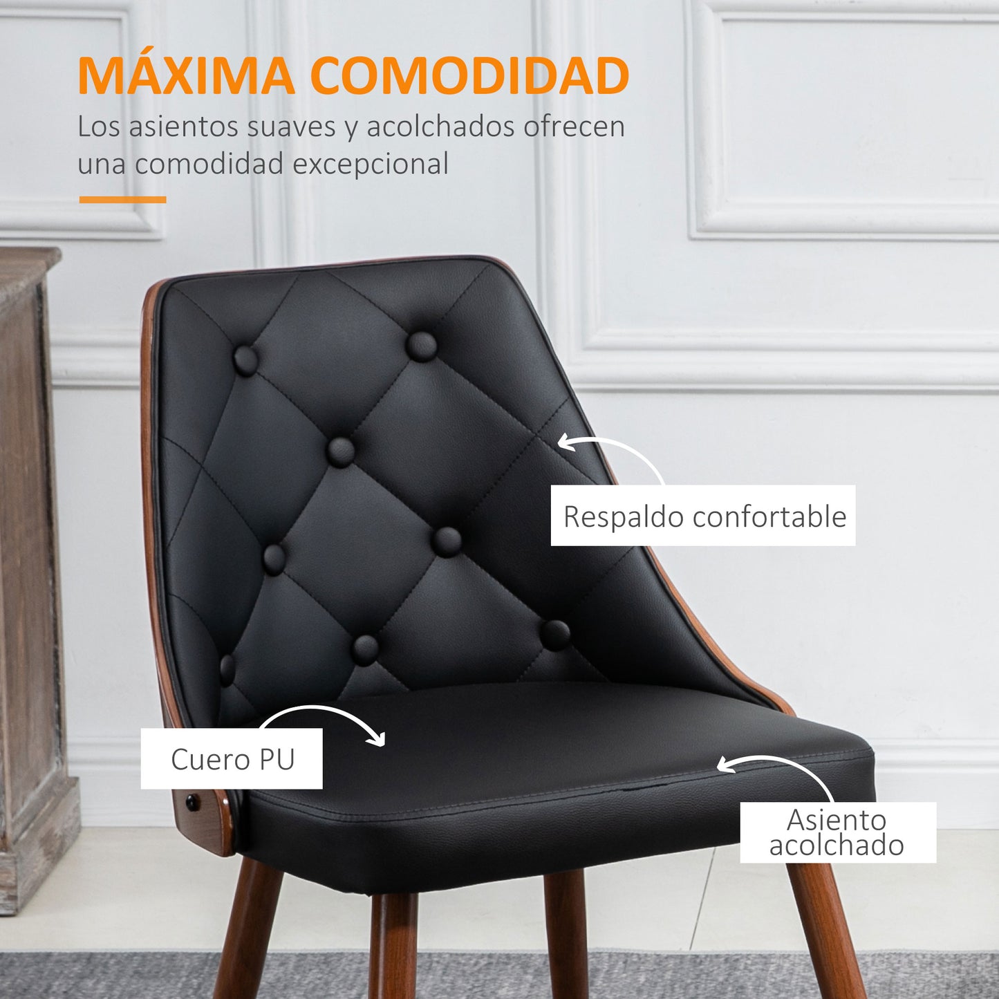 HOMCOM Pack de 2 Sillas de Comedor Sillas de Cocina Modernas con Tapizado en PU y Patas de Acero para Salón Oficina Dormitorio Carga 120 kg 50,5x59x82 cm Negro