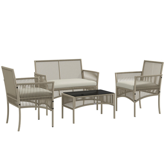 Outsunny Conjunto de Muebles de Jardín de Ratán Juego de 4 Piezas Muebles de Terraza con 1 Sofá de 2 Plazas 2 Sillones Cojines y 1 Mesa de Centro de Tablero de Vidrio Anti-UV para Patio Caqui