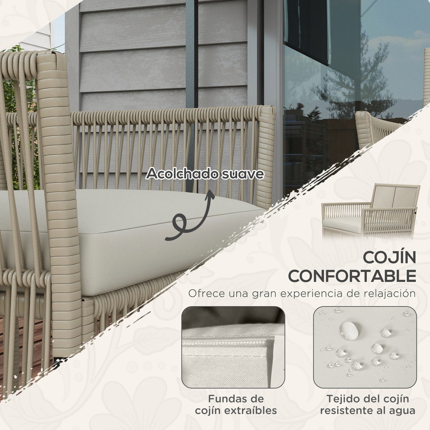 Outsunny Conjunto de Muebles de Jardín de Ratán Juego de 4 Piezas Muebles de Terraza con 1 Sofá de 2 Plazas 2 Sillones Cojines y 1 Mesa de Centro de Tablero de Vidrio Anti-UV para Patio Caqui