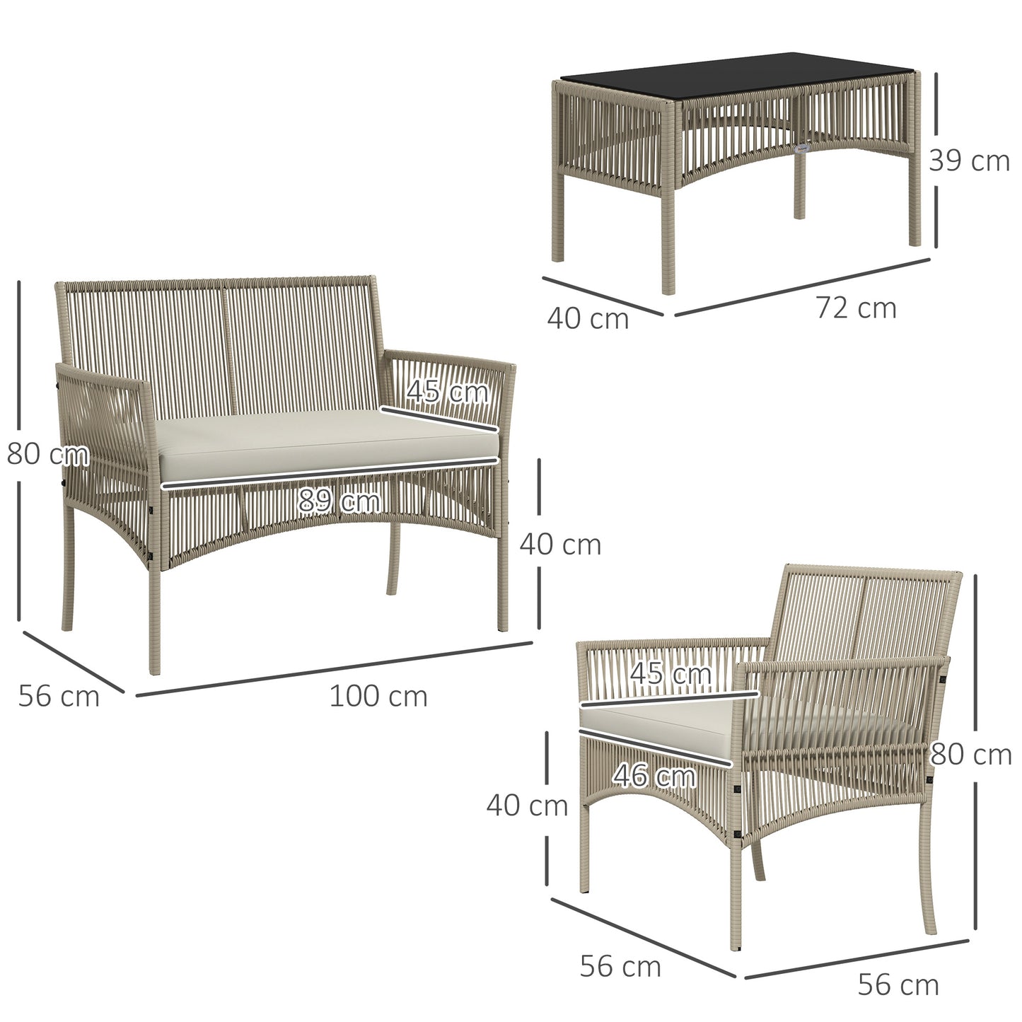 Outsunny Conjunto de Muebles de Jardín de Ratán Juego de 4 Piezas Muebles de Terraza con 1 Sofá de 2 Plazas 2 Sillones Cojines y 1 Mesa de Centro de Tablero de Vidrio Anti-UV para Patio Caqui