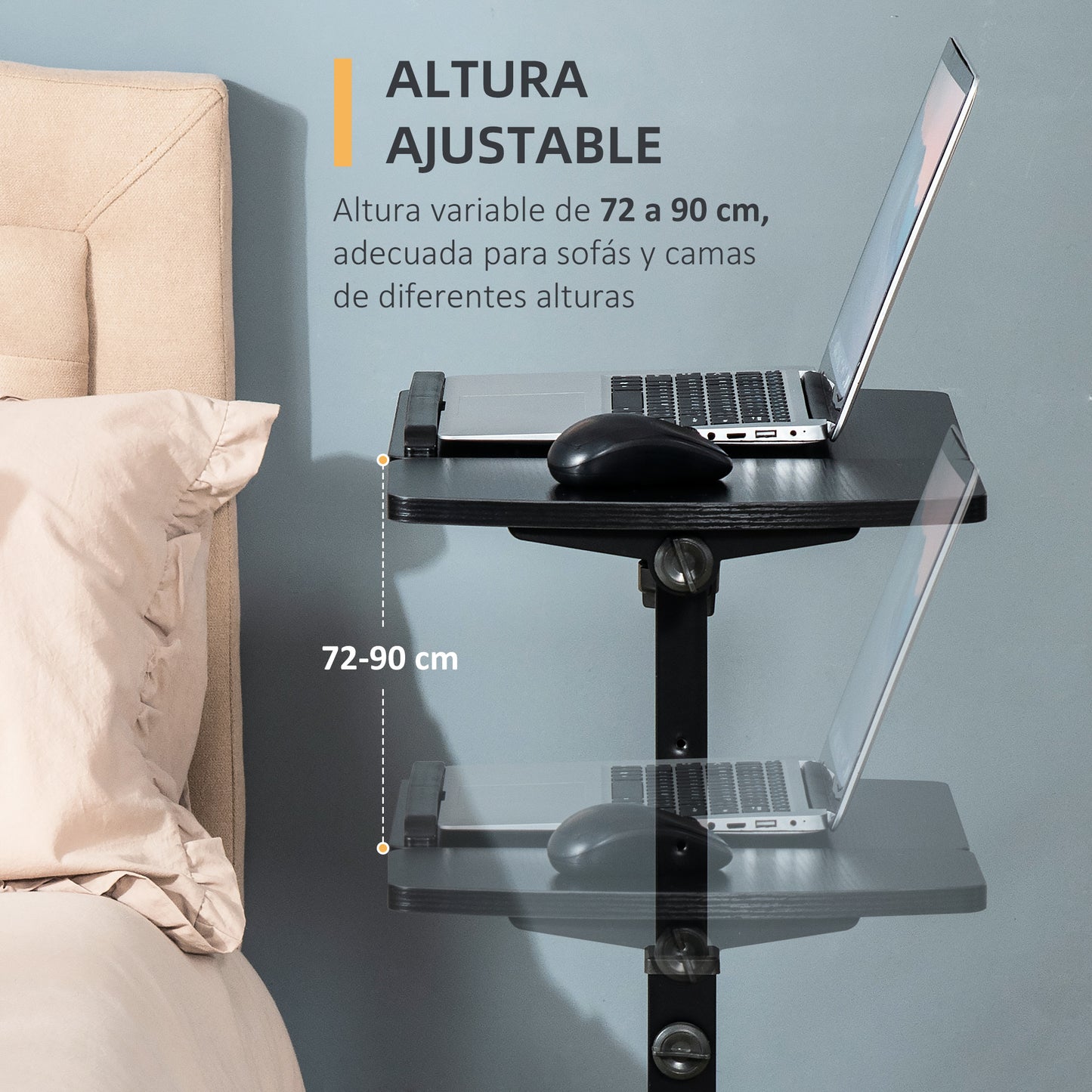 HOMCOM Mesa Auxiliar con Ruedas Mesita Lateral para Sofá Cama con Altura y Ángulo de Tablero Ajustable y Frenos para Dormitorio Salón Oficina 58x34x72-90 cm Negro