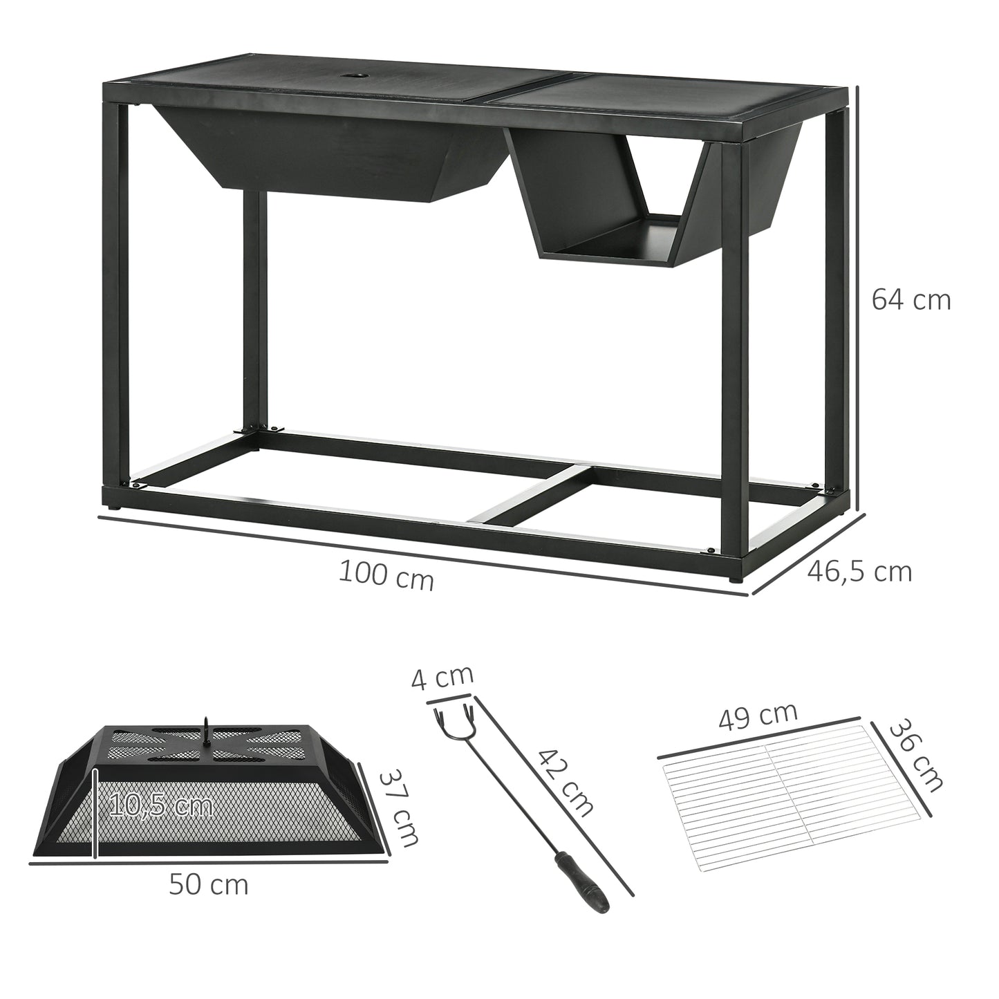 Outsunny 4 en 1 Brasero Exterior de Acero Galvanizado para Jardín Barbacoa de Leña Enfriador de Cubitos de Hielo Mesa de Jardín con Rejilla Protector de Chispas y Atizador 100x46,5x64 cm Negro