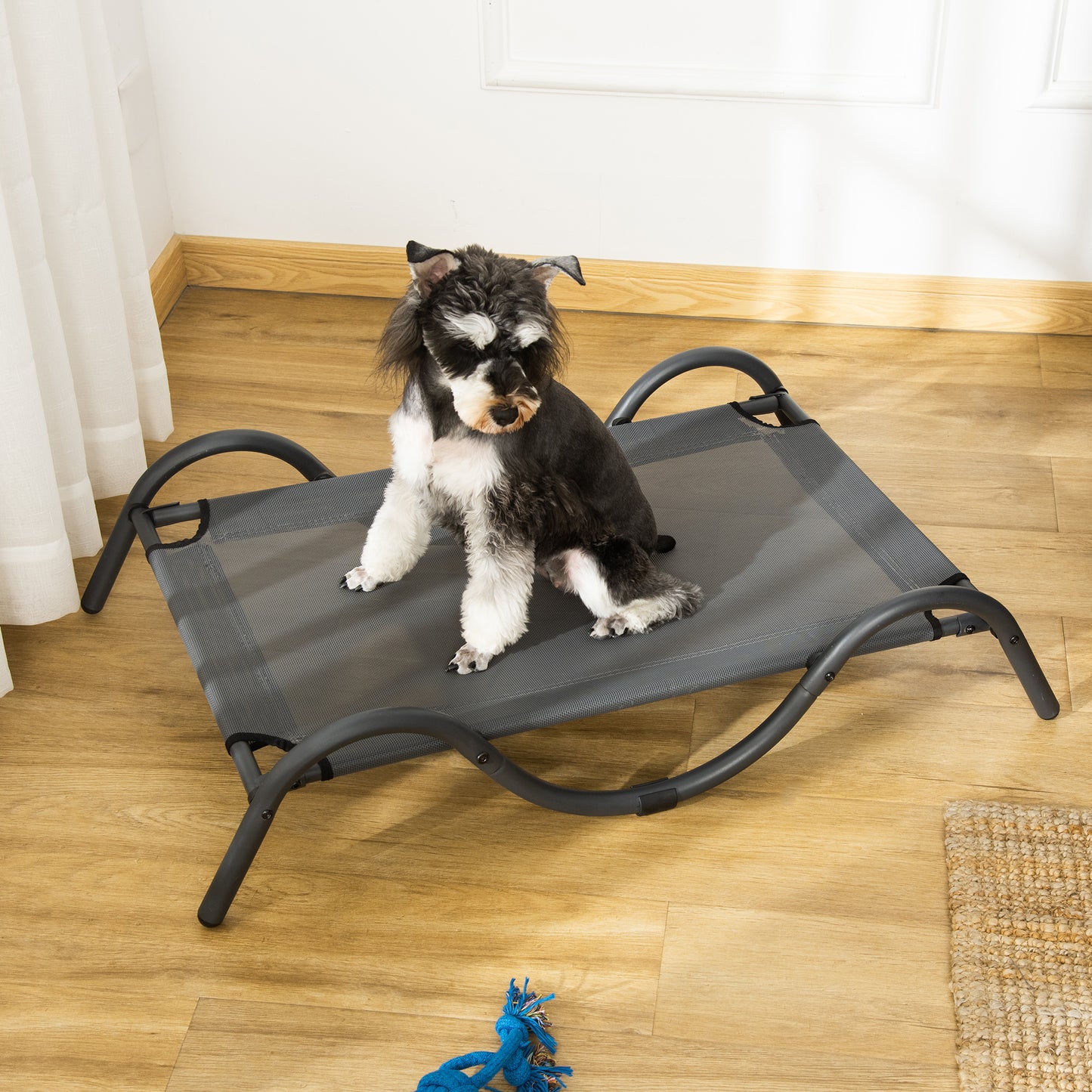 PawHut Cama Elevada para Perros Medianos Cama Alta para Mascotas con Tela de Malla Transpirable Marco y Curvo de Acero para Interior Exterior 92x55,5x21 cm Gris