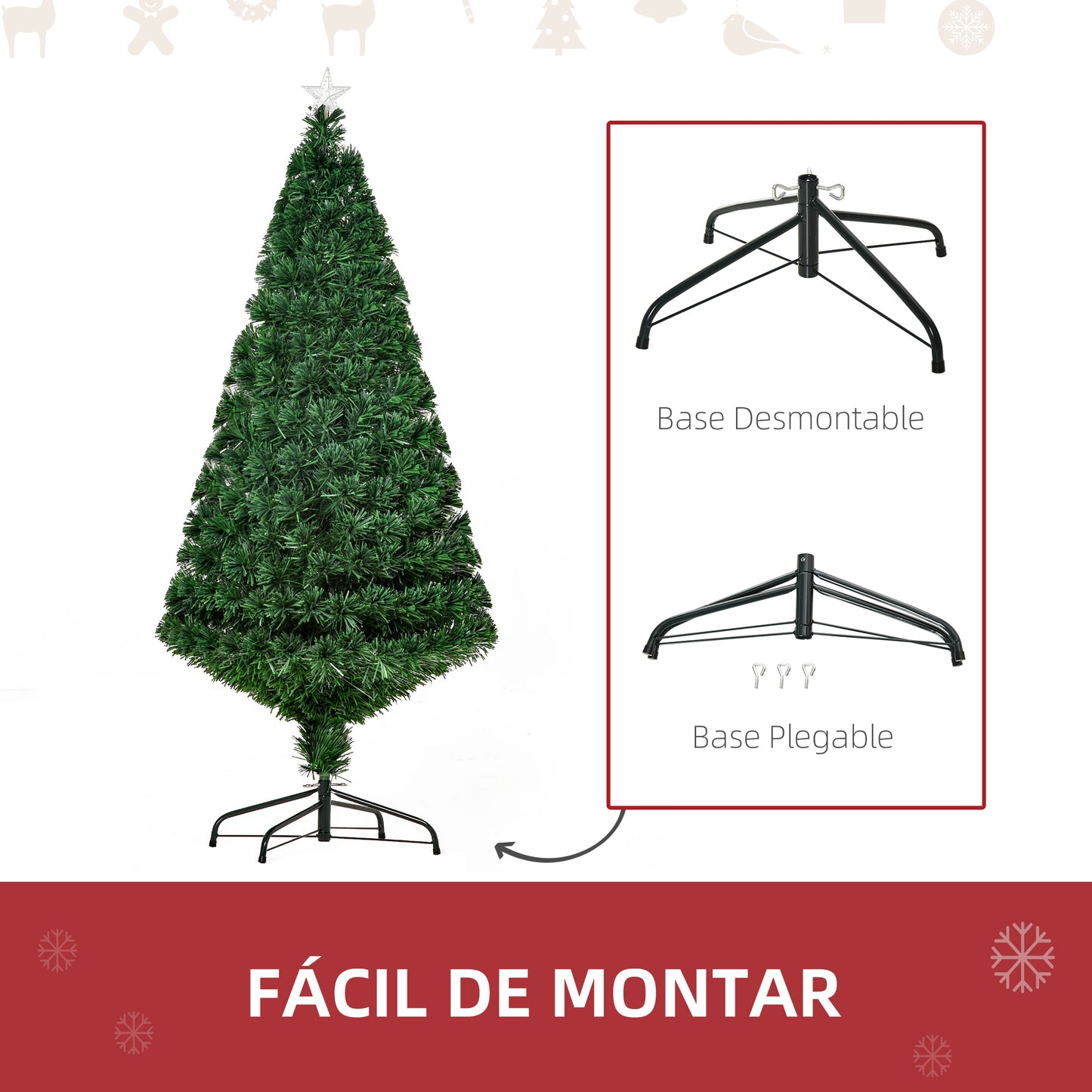 HOMCOM Árbol de Navidad 150cm Artificial Árboles de Abeto con Soporte Fibra Óptica Brillante LED Multicolor Ignífugo