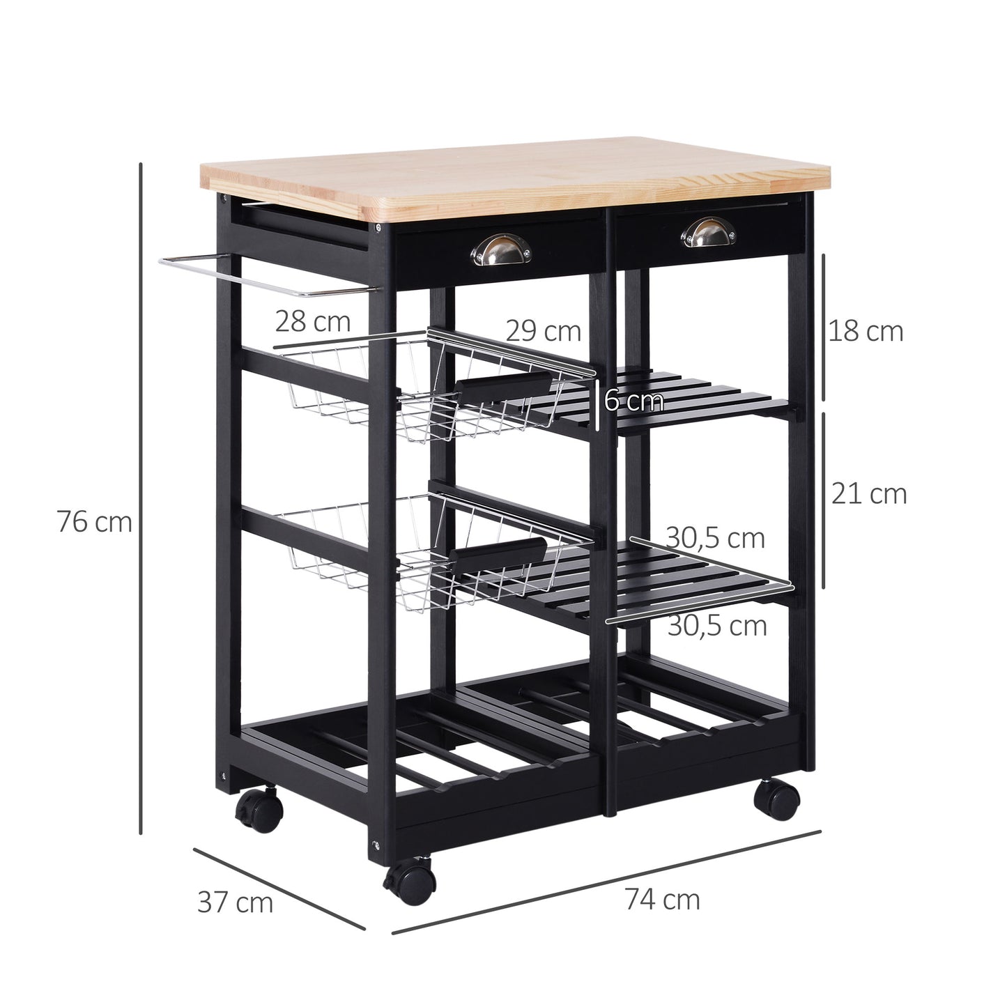 HOMCOM Carrito Auxiliar con Ruedas Carrito Verdulero Carro de Cocina con 2 Cajones 2 Cestas y 2 Estantes para Comedor 74x37x76 cm Negro