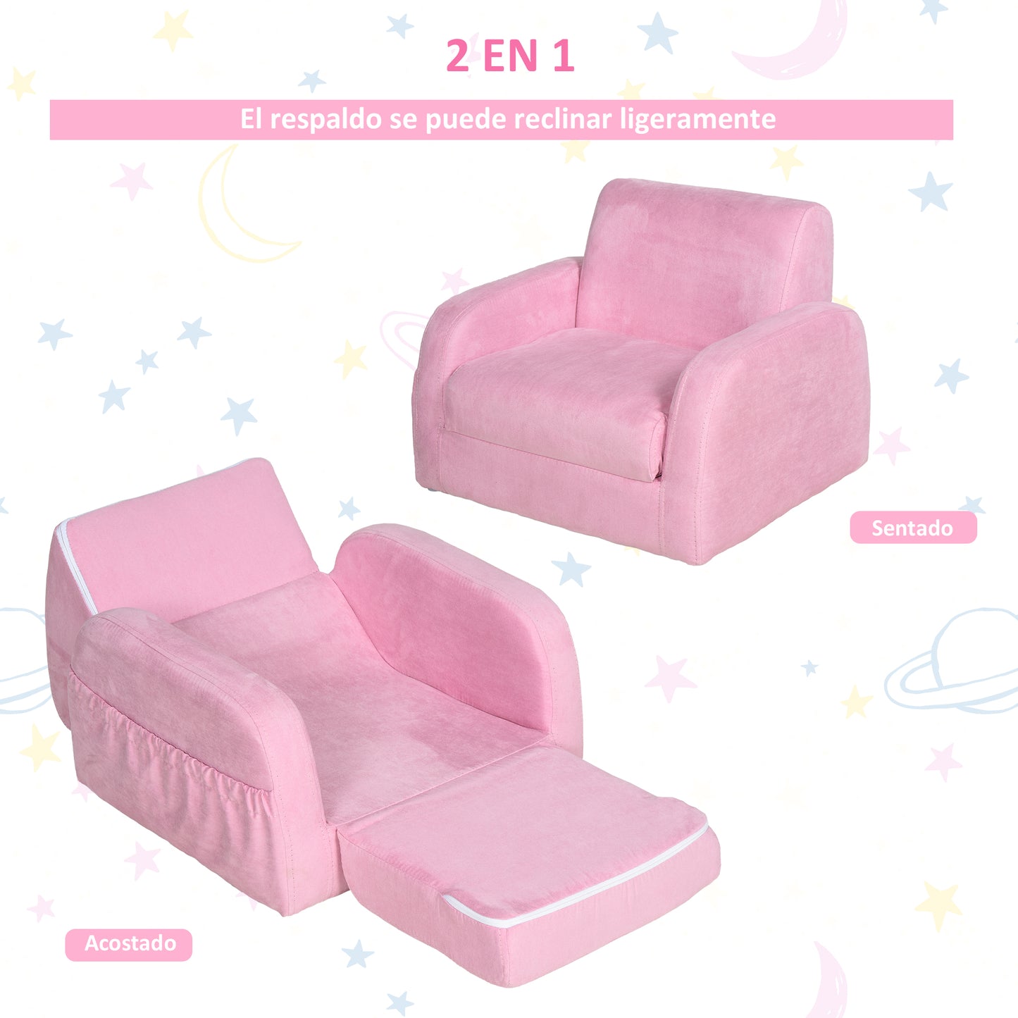 HOMCOM Sillón para Niños de 3 Años Sofá Transformable Diseño 2 en 1 Cama Infantil Plegable de 2 Posiciones con Reposabrazos Asiento Ancho Acolchado 47x45x38 cm Rosa