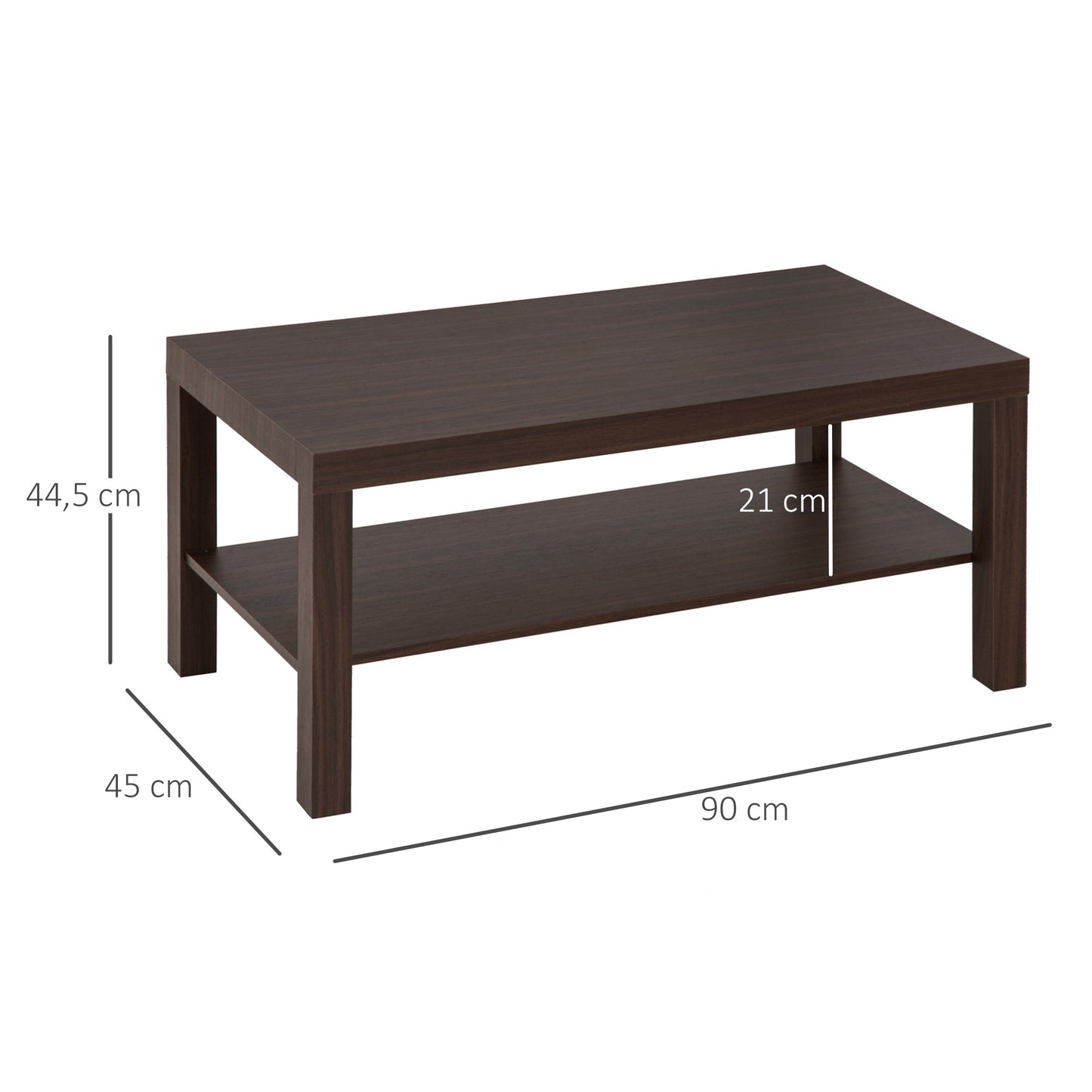 HOMCOM Mesa de Centro Moderna Mesa Baja con 2 Estantes de Almacenamiento Mesita para Salón Oficina Carga 20 kg 90x45x40,5 cm Nogal