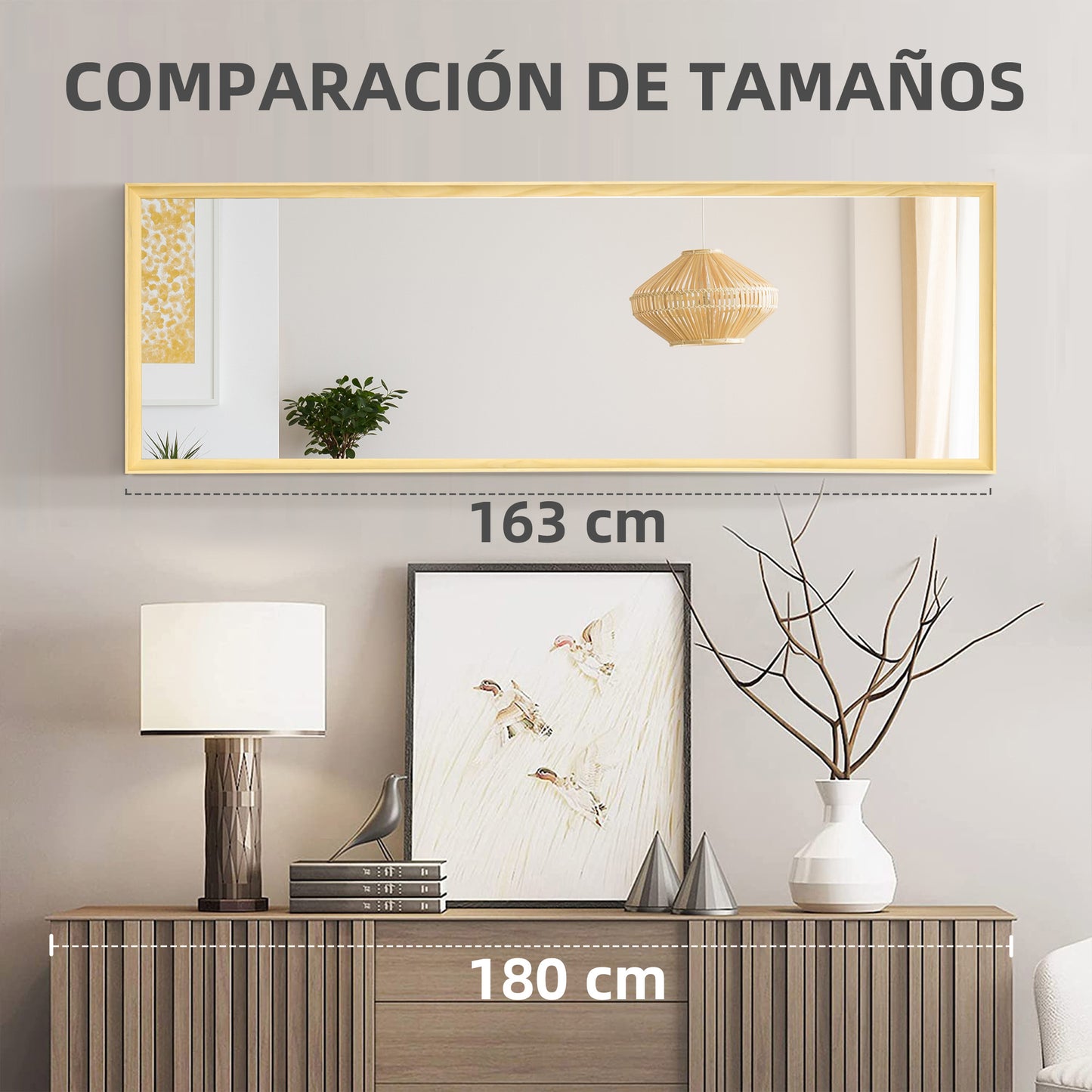 HOMCOM Espejo de Cuerpo Entero Moderno 163x53,5 cm Espejo de Pie Espejo de Suelo de Madera Colgar Vertical u Horizontal Decorativo para Salón Dormitorio Cocina Natural