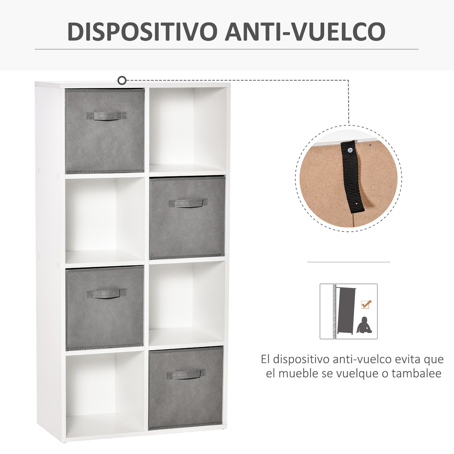 HOMCOM Estantería para Libros de 8 Cubos Librería Modular con 4 Cajones Extraíbles de Tela no Tejida para Oficina Estudio Dormitorio 61,5x30x121,6 cm Blanco y Gris