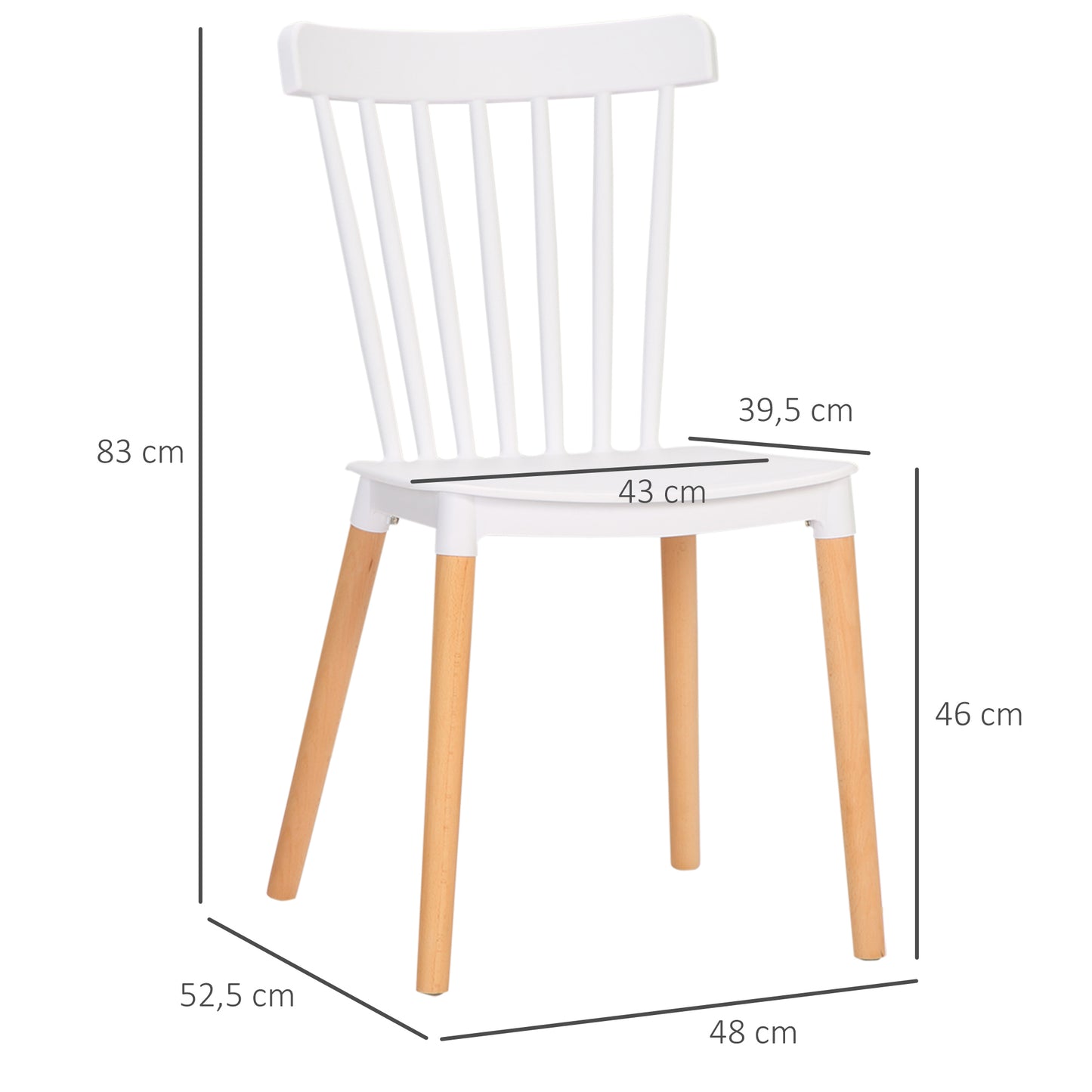 HOMCOM Juego de 4 Sillas de Comedor Estilo Nórdico Sillas de Cocina con Respaldo Alto Asiento de Polipropileno y Patas de Madera de Haya Carga 120 kg 48x52,5x83 cm Blanco