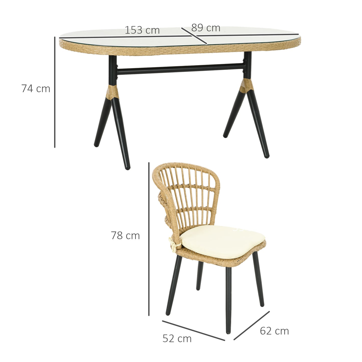 Outsunny Conjunto de Jardín de Ratán Sintético Juego de Muebles de Jardín Exterior de Ratán de 7 Piezas Incluye 6 Sillas con Cojines y Mesa de Vidrio Templado Natural