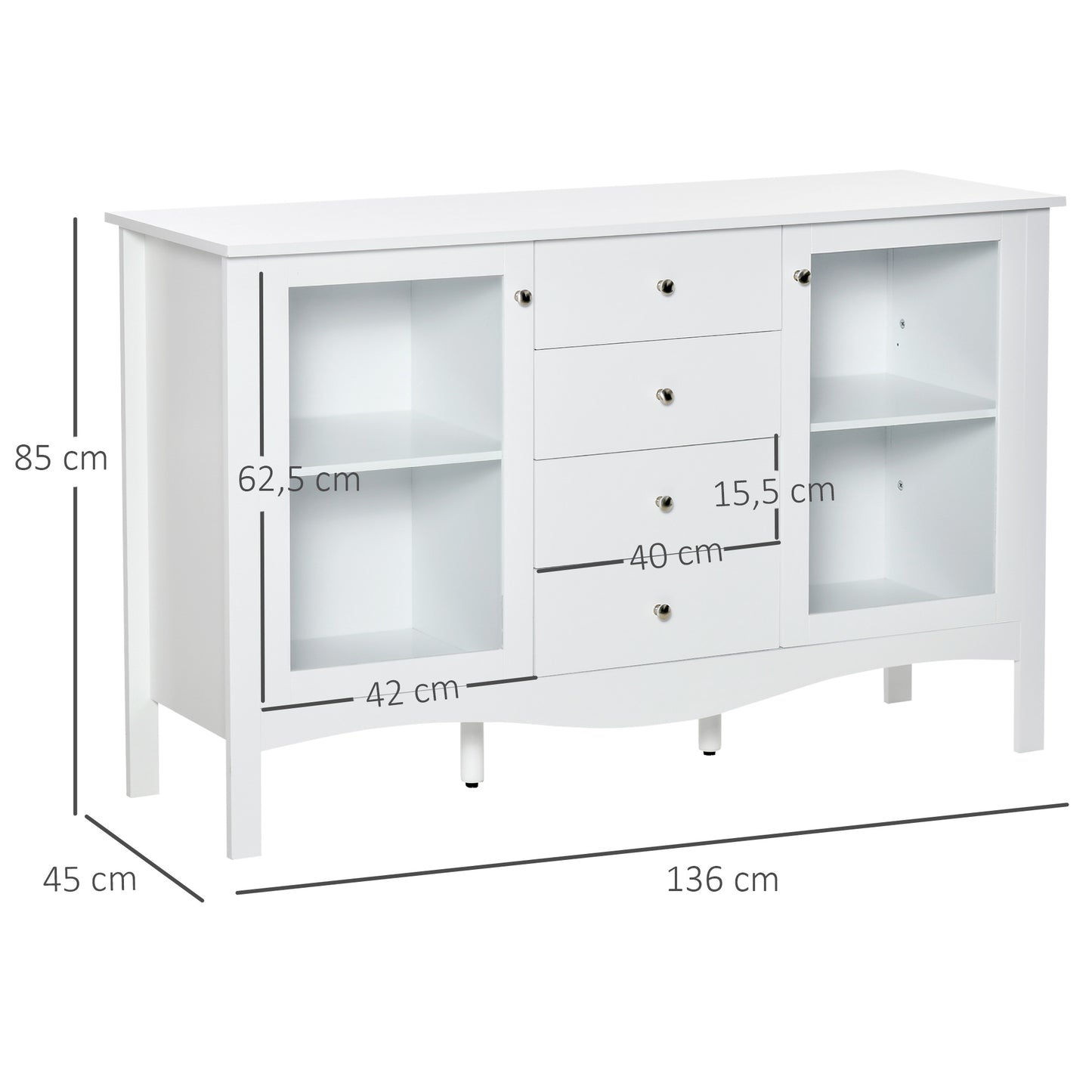 HOMCOM Aparador de Cocina Armario Buffet con 2 Puertas de Vidrio Estante Ajustable Interior y 4 Cajones Mueble Auxiliar para Comedor Salón 136x45x85 cm Blanco