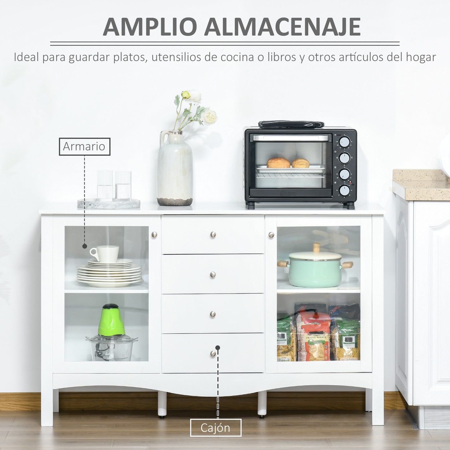 HOMCOM Aparador de Cocina Armario Buffet con 2 Puertas de Vidrio Estante Ajustable Interior y 4 Cajones Mueble Auxiliar para Comedor Salón 136x45x85 cm Blanco