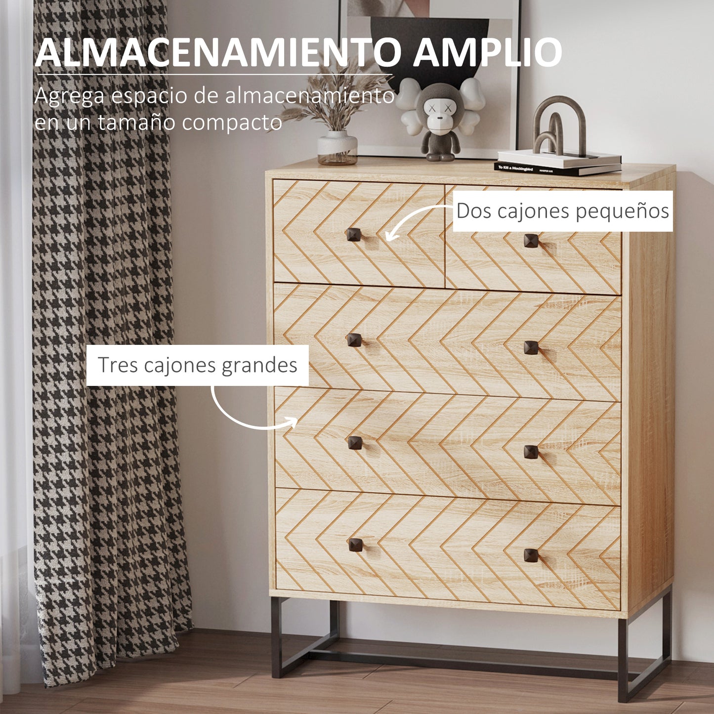 HOMCOM Armario Auxiliar Cajonera Cómoda 5 Cajones Mesilla de Noche Organizador Almacenaje Oficina 80x39,5x110cm