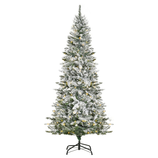 HOMCOM Árbol de Navidad Artificial con 250 Luces LED 210 cm Árbol Nevado con 829 Ramas y Base Plegable de Metal Decoración Navideña para Interiores Ø112x210 cm Verde