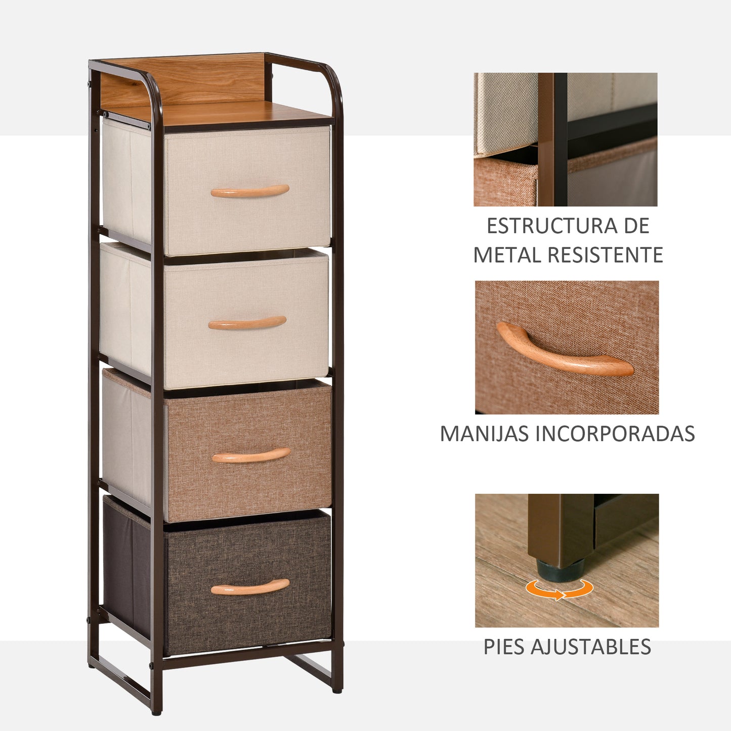 HOMCOM Cómoda de Tela con 4 Cajones Extraíbles y Plegables Base Elevada Mueble de Almacenamiento para el Dormitorio Salón 31x29x99 cm Multicolor