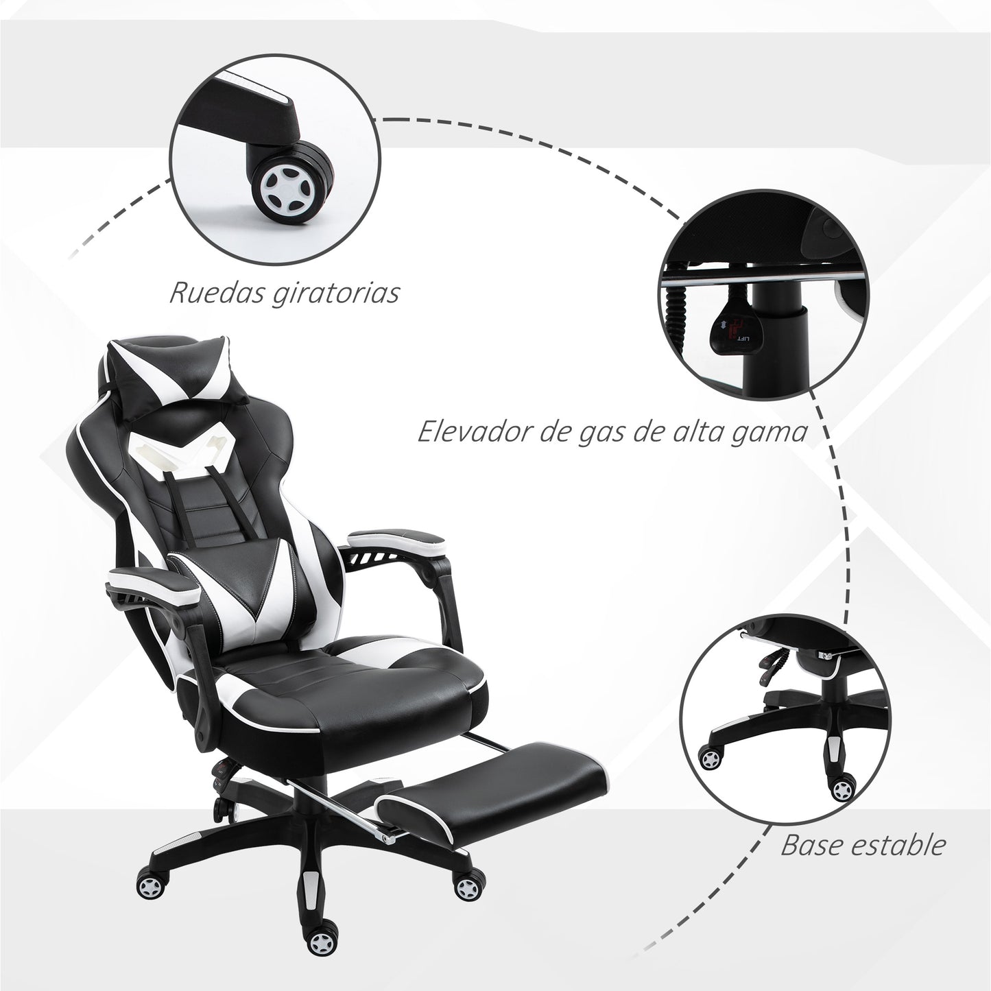 Vinsetto Silla Gaming Ergonómica Silla de Escritorio de Oficina Regulable en Altura Reclinable Respaldo con Reposapiés Reposacabezas Cojín Lumbar Ruedas 65x70x118,5-128,5 cm Blanco