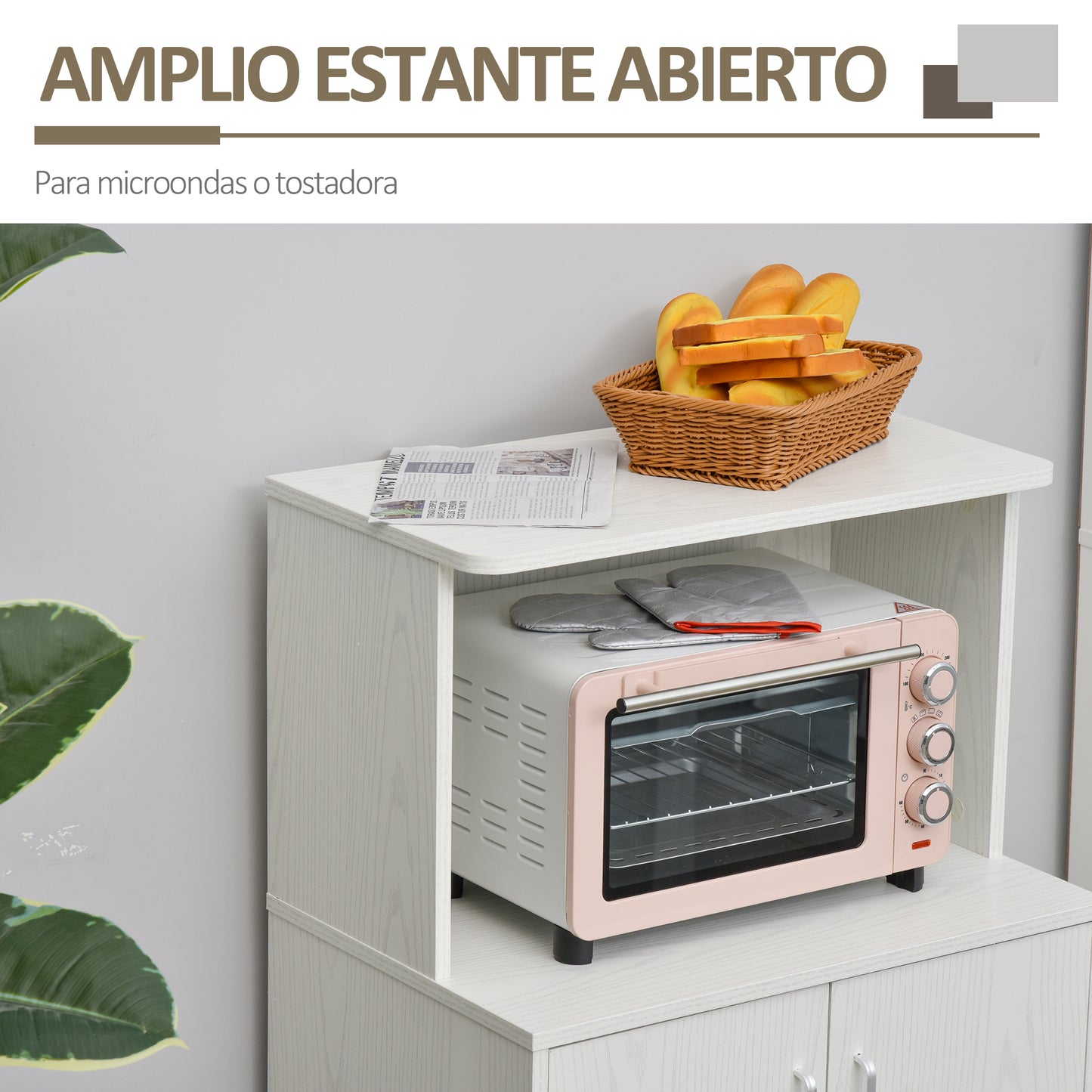 HOMCOM Aparador Auxiliar para Microondas Armario Bajo de Cocina con Armario de 2 Puertas y Estante Ajustable con Ruedas Carga 70 kg 60,4x40,3x97 cm Blanco