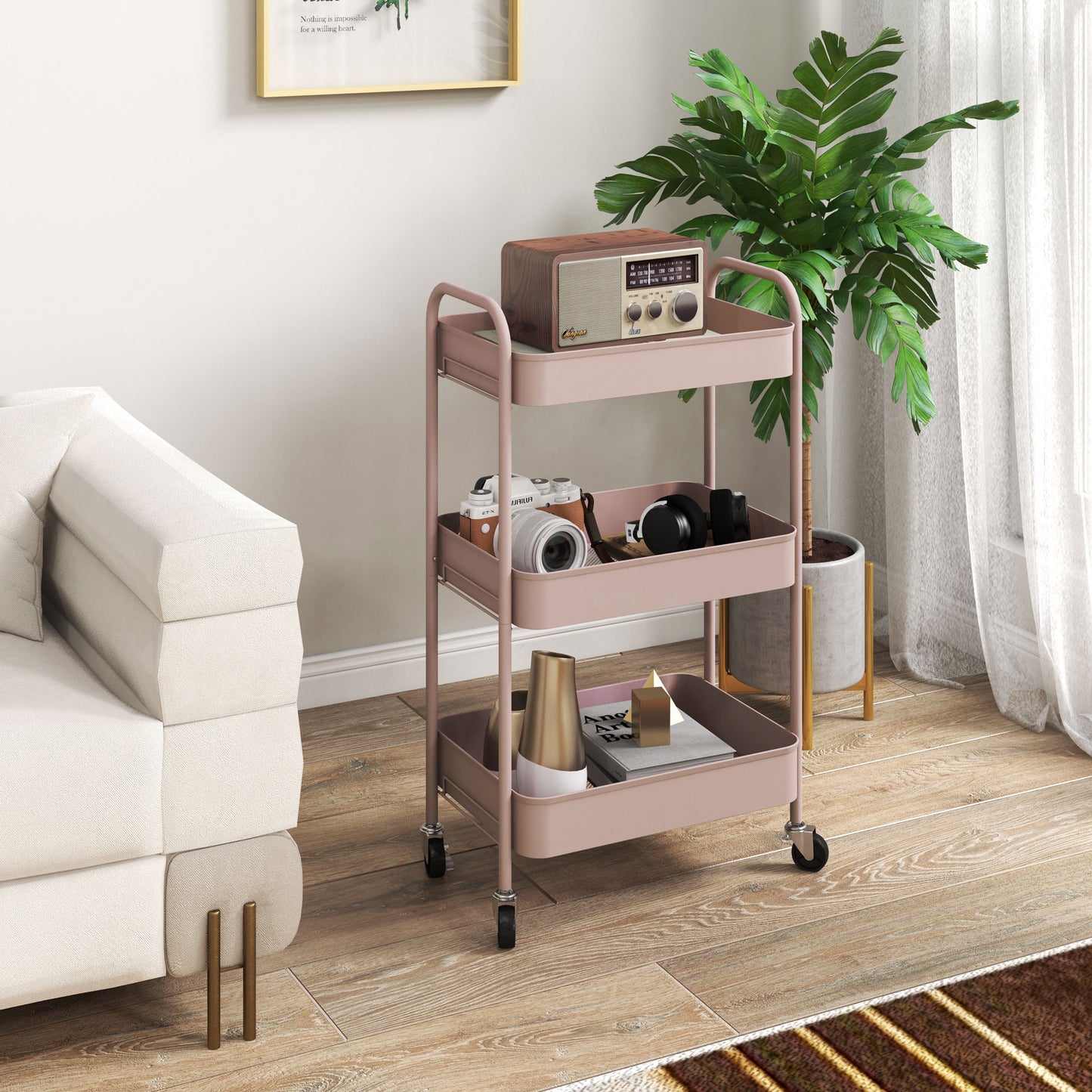 HOMCOM Carrito Auxiliar con Ruedas Carrito de Almacenamiento con 3 Cestas y Marco de Acero para Salón Dormitorio Oficina Cocina 45x30,6x79 cm Rosa