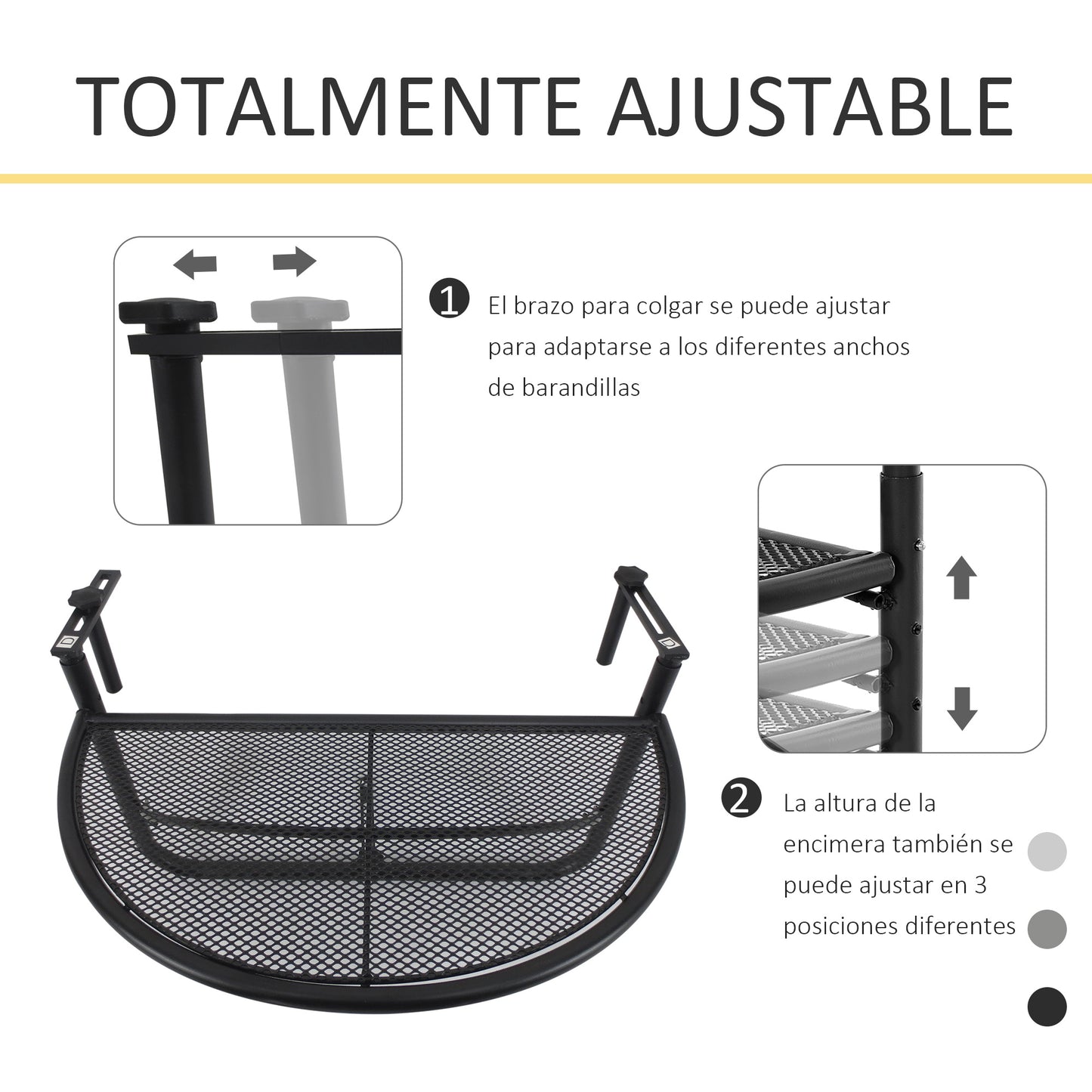 Outsunny Mesa Colgante de Balcón Semicircular 60x45x50 cm Ajustable en Altura Simple y Conveniente para Barandilla de Balcón Terraza Patio