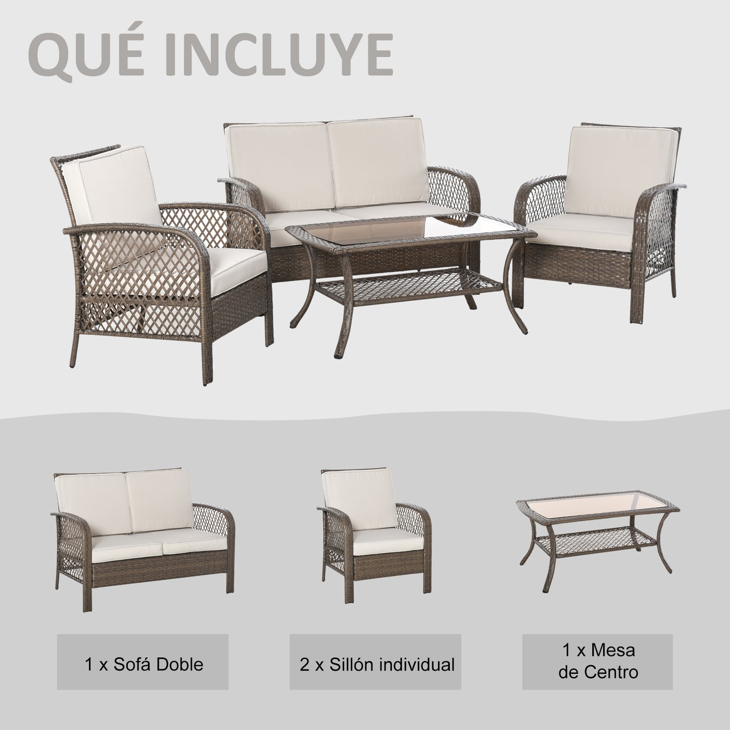 Outsunny Conjunto de 4 Muebles de Jardín de Ratán PE Sillón Sofá Doble y Mesa de Café con Cojines Lavable para Exterior Terraza Patio Marrón y Caqui