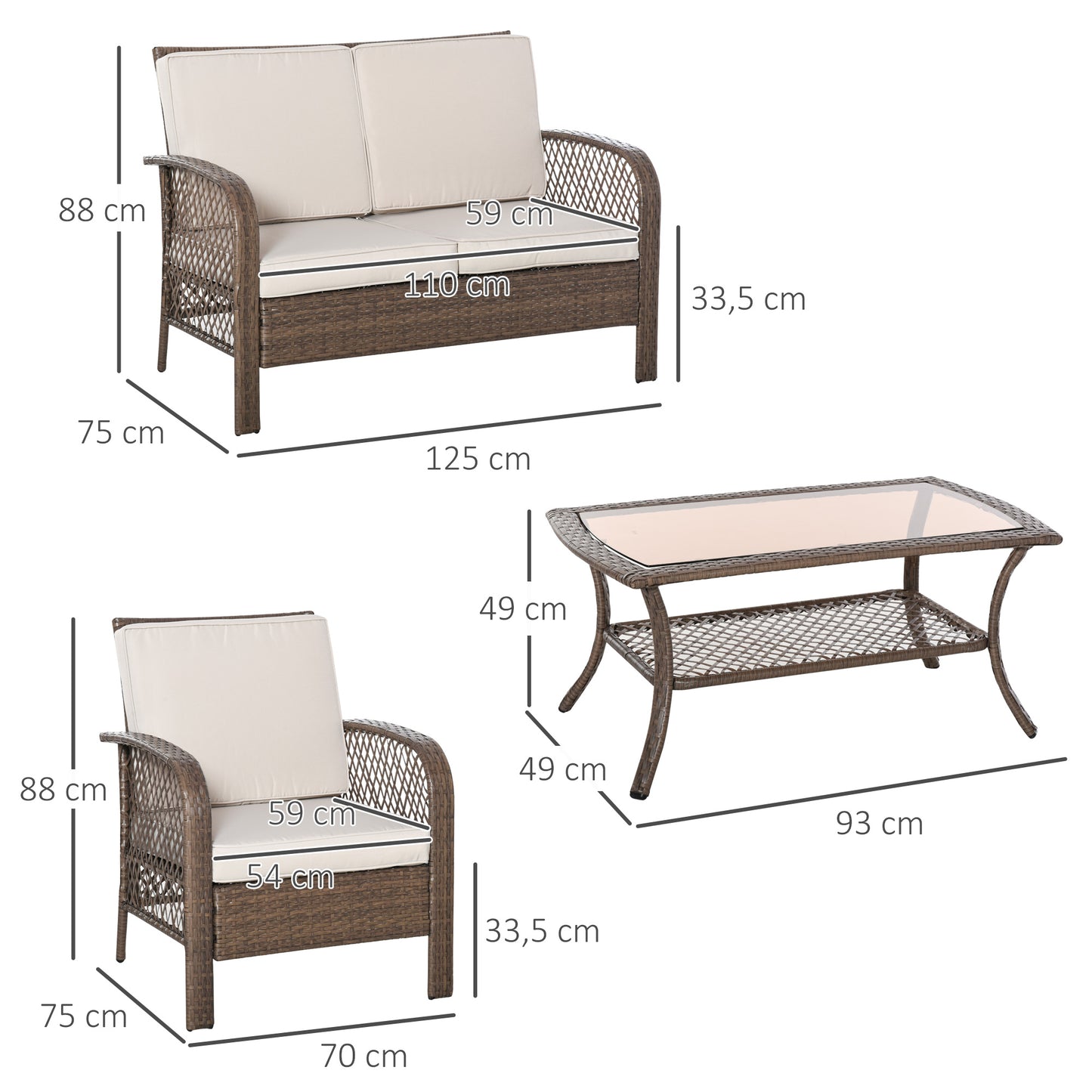 Outsunny Conjunto de 4 Muebles de Jardín de Ratán PE Sillón Sofá Doble y Mesa de Café con Cojines Lavable para Exterior Terraza Patio Marrón y Caqui