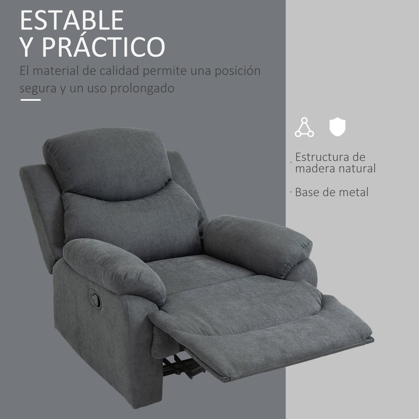 HOMCOM Sillón Reclinable de Salón Sillón Relax Reclinable Manual con Reposabrazos y Reposapiés Carga 150 kg Sofá Relax para Salón Dormitorio Gris