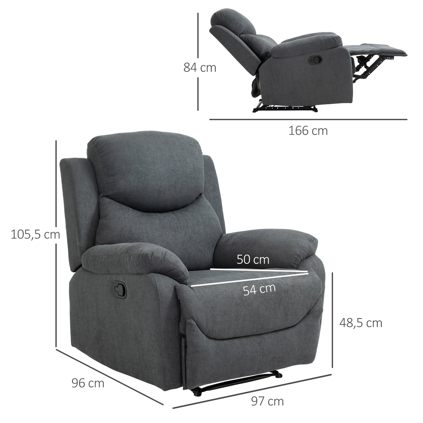 HOMCOM Sillón Reclinable de Salón Sillón Relax Reclinable Manual con Reposabrazos y Reposapiés Carga 150 kg Sofá Relax para Salón Dormitorio Gris