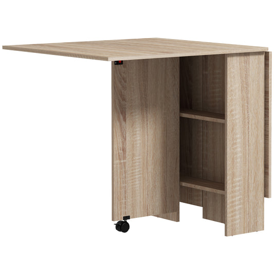 HOMCOM Mesa de Comedor Plegable Mesa de Madera con 2 Solapas 2 Estantes de Almacenaje y Ruedas para Cocina 75x140x74 cm Natural