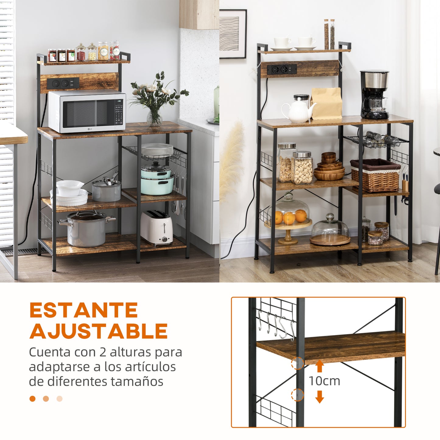 HOMCOM Estante de Cocina Industrial con Cargadores USB Estantería para Microondas con Toma de Corriente Estante Ajustable 5 Ganchos en S y Cesta Extraíble 90x42x130 cm Marrón Rústico