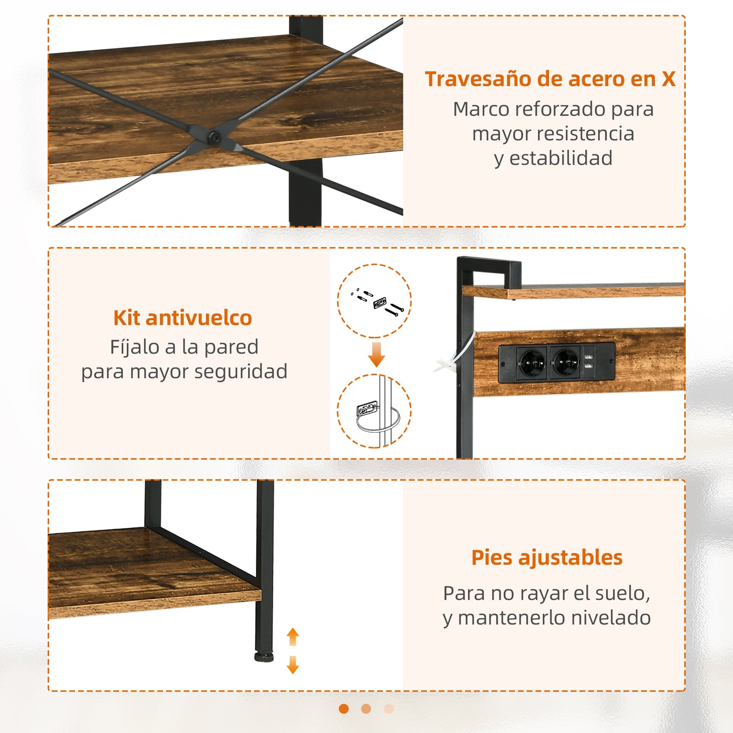 HOMCOM Estante de Cocina Industrial con Cargadores USB Estantería para Microondas con Toma de Corriente Estante Ajustable 5 Ganchos en S y Cesta Extraíble 90x42x130 cm Marrón Rústico