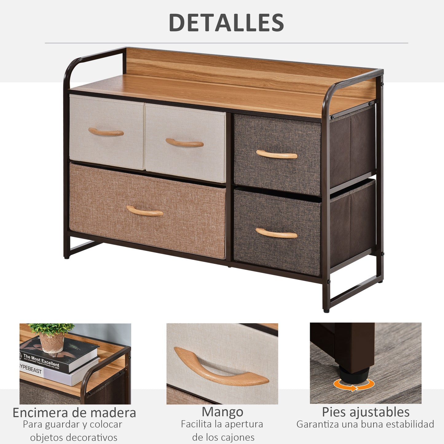 HOMCOM Mueble Organizador Cajonera de Tela con Cajones Plegable y Marco Metálico Antivuelco para Salón Recibidor Dormitorio 87,5x29x58 cm Multicolor