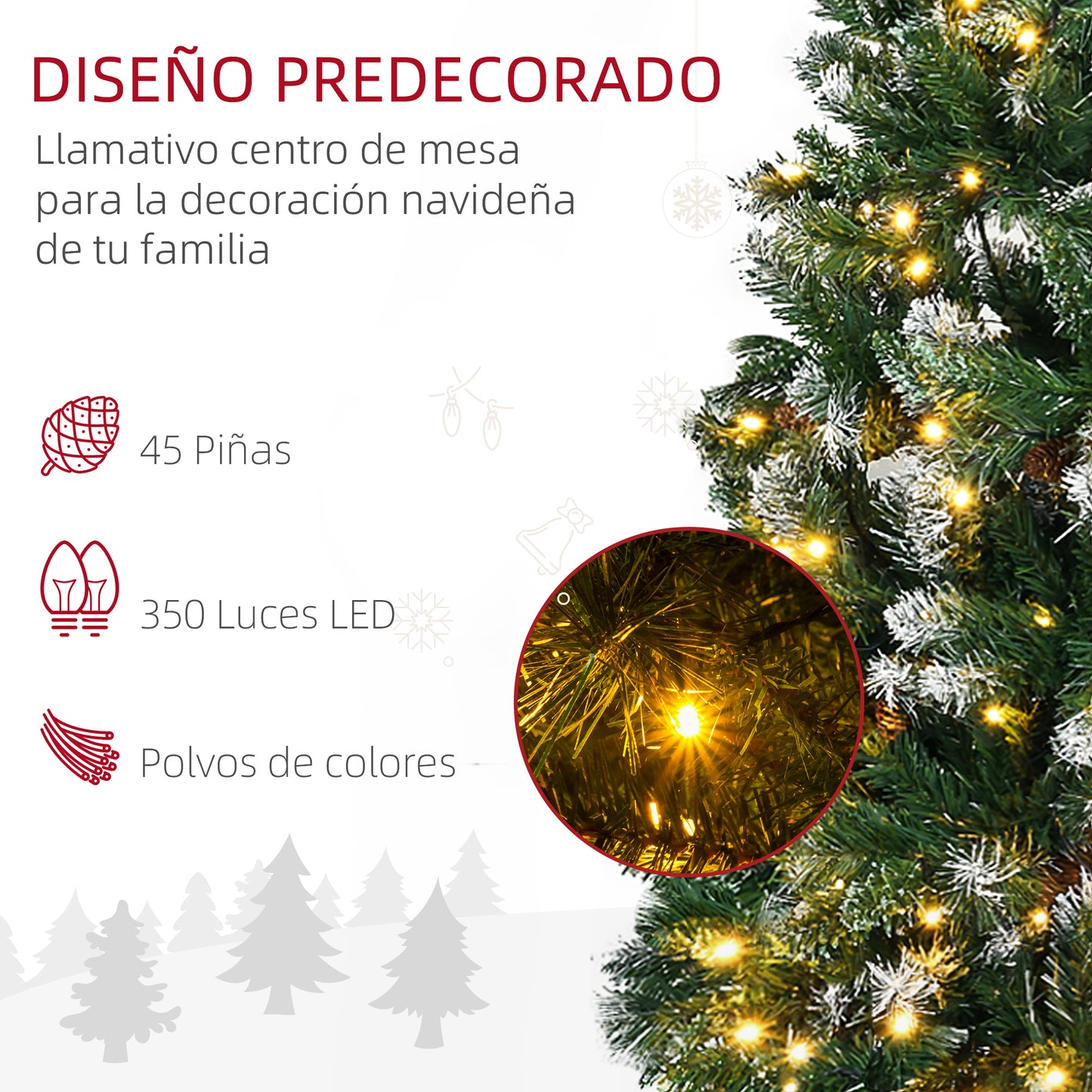 HOMCOM Árbol de Navidad Artificial con Luces LED Altura 230 cm Árbol de Navidad Estrecho con 1051 Ramas 45 Piñas y Polvo Brillante Base Plegable Ø100x230 cm Verde