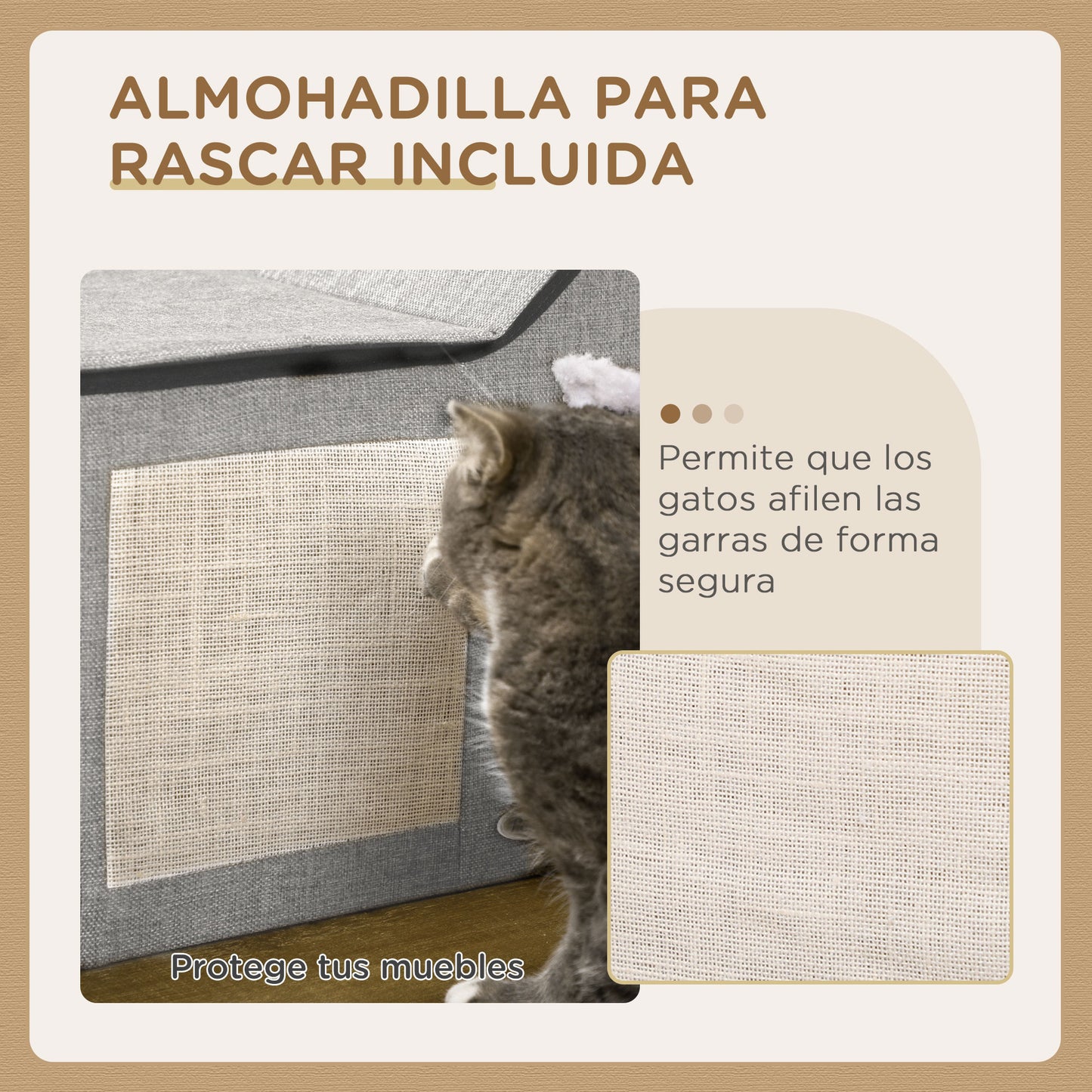 Pawhut Caseta para Gatos Casa para Gatos Interior Cama Cueva para Gatos con Almohadilla para Rascar Cojín Suave y Bola Colgante 65x41x45,5 cm Gris