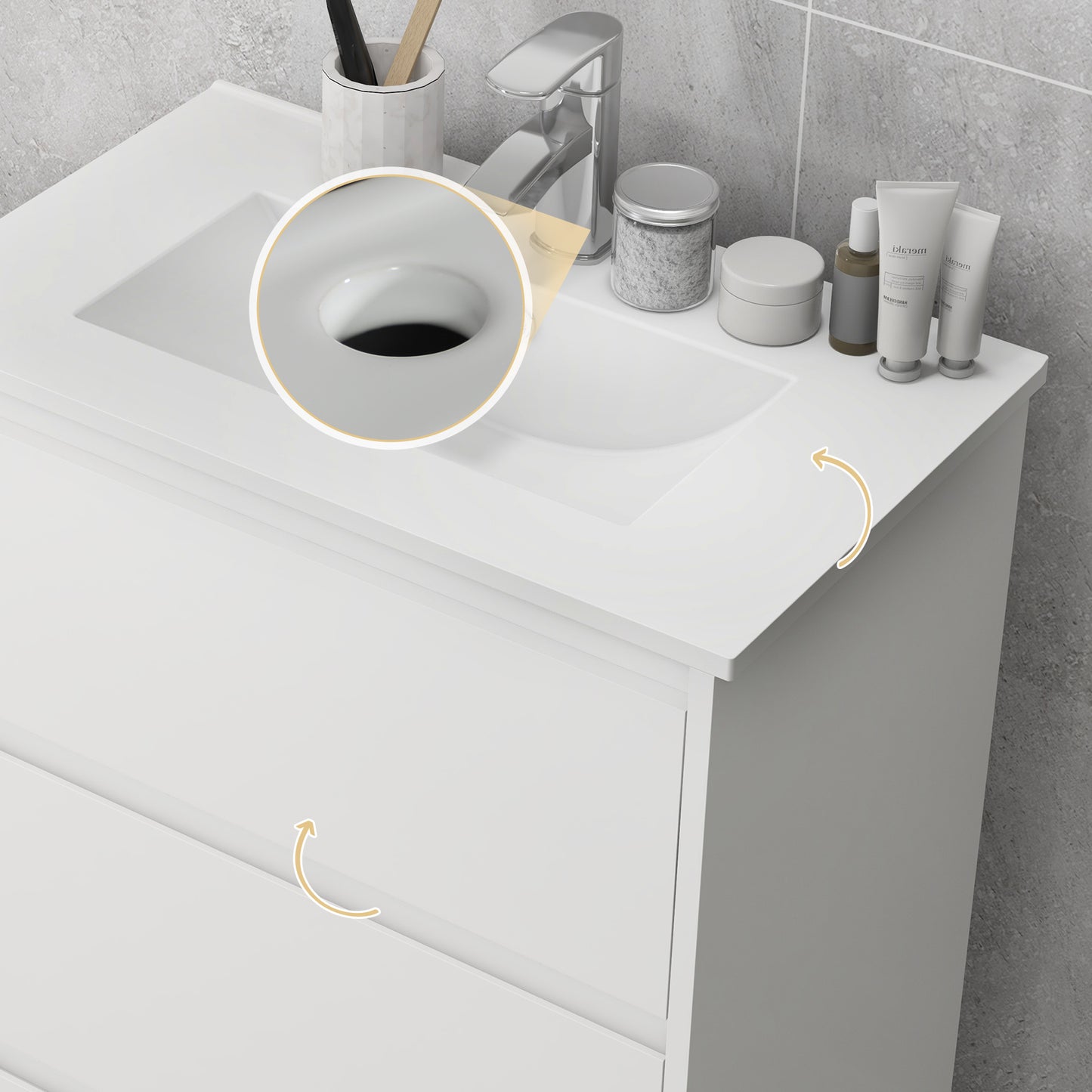 kleankin Mueble de Baño con Lavabo Armario de Baño Bajo Lavabo de Baño de Cerámica Sintética con 2 Cajones 61x37x88 cm Blanco Brillante