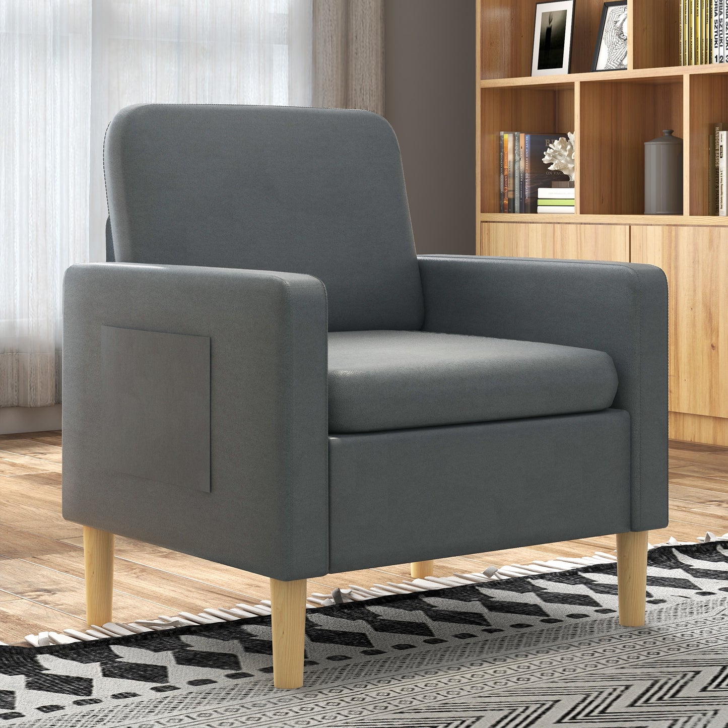 HOMCOM Butaca de Salón Sillón Relax con 2 Bolsillos Laterales Reposabrazos Asiento Acolchado y Patas de Madera Sofá Individual de Moderno para Dormitorio 73x79x87 cm Gris