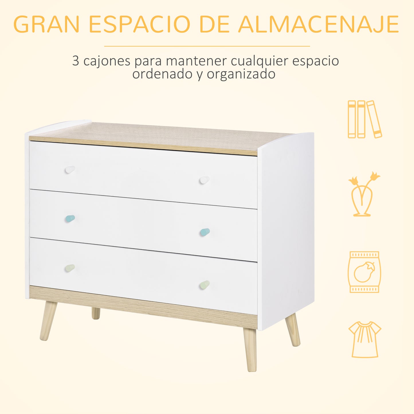 HOMCOM Cajonera Infantil con 3 Cajones Cómoda Auxiliar con Patas de Madera Almacenaje de Juguetes Ropa Libros para Habitación de Niños 90x40x75,2 cm Blanco