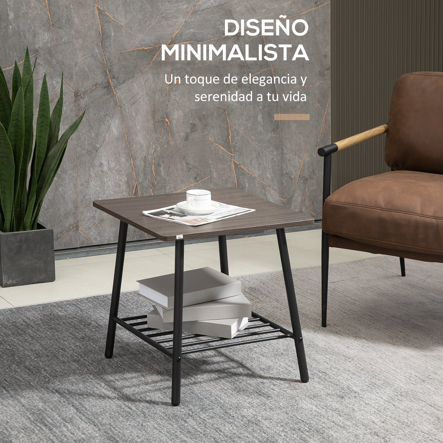 HOMCOM Mesa Auxiliar con 2 Estantes de Almacenaje Mesita de Salón para Dormitorio Estudio Oficina Estilo Industrial 50x50x50 cm Gris