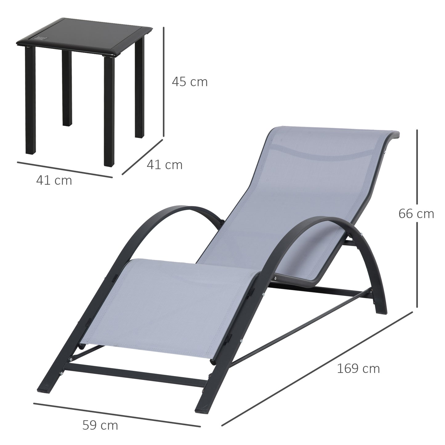 Outsunny Set de 2 Tumbonas de Jardín 59x169x66 cm con Mesa de Café 41x41x45 cm de Vidrio Templado Reposabrazos para Patio Piscina Terraza Aire Libre Gris