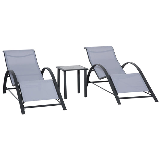 Outsunny Set de 2 Tumbonas de Jardín 59x169x66 cm con Mesa de Café 41x41x45 cm de Vidrio Templado Reposabrazos para Patio Piscina Terraza Aire Libre Gris