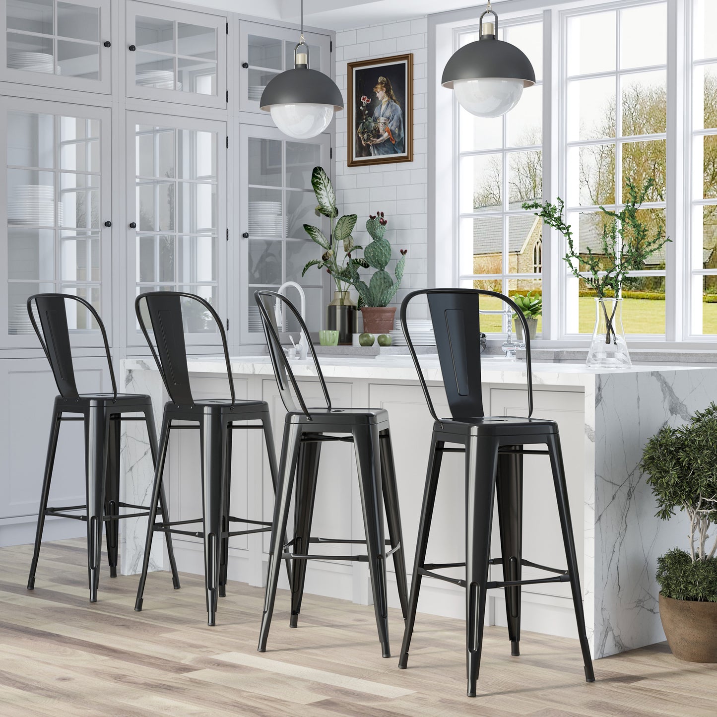 HOMCOM Juego de 4 Taburetes de Bar con Respaldo Alto Silla de Comedor de Metal con Reposapiés para Comedor Carga 120 kg 44x49x116 cm Negro