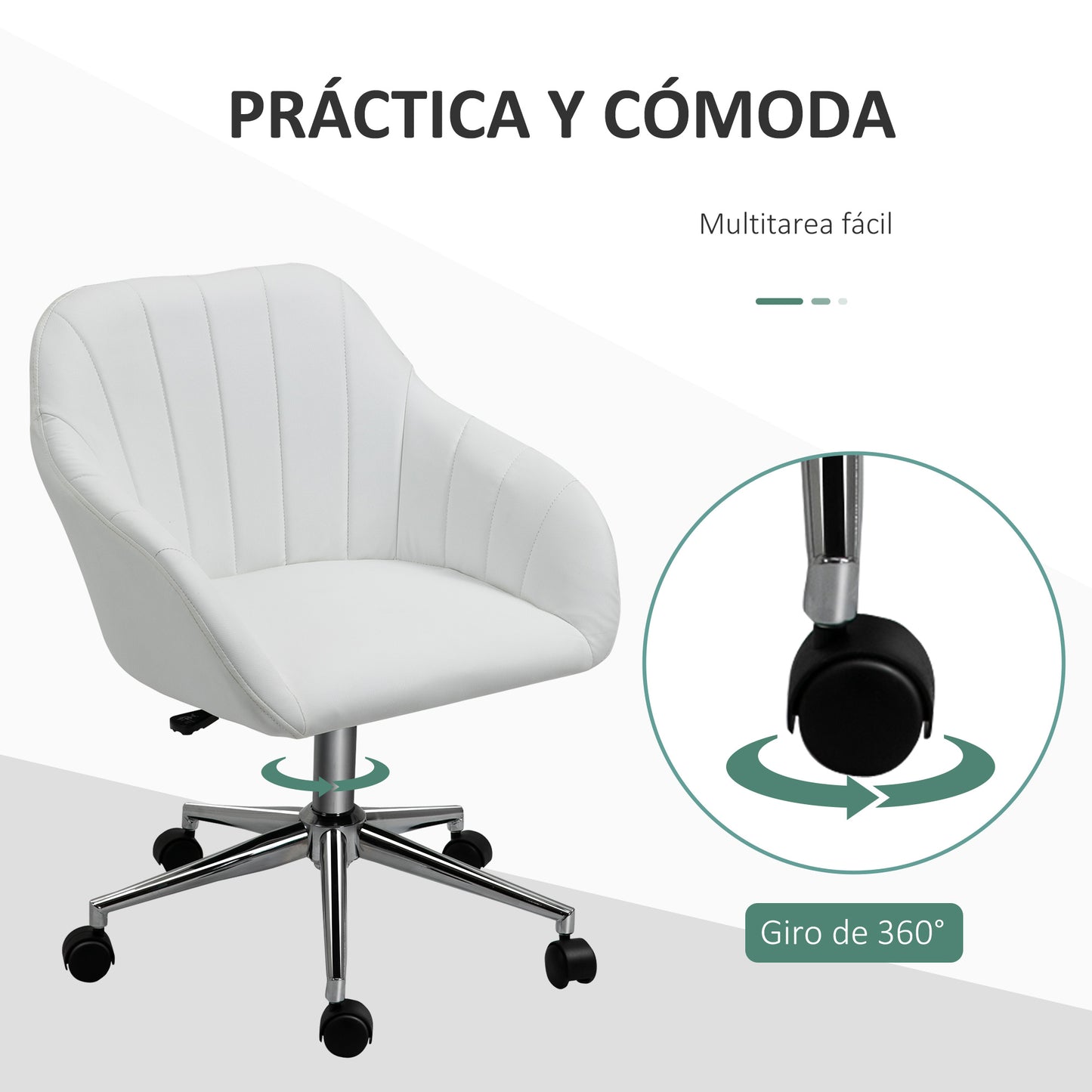 Vinsetto Silla de Oficina Ergonómica Silla de Escritorio Giratoria con Altura Ajustable Respaldo y Reposabrazos de Piel Sintética Carga 120 kg 60x59x79-89 cm Blanco