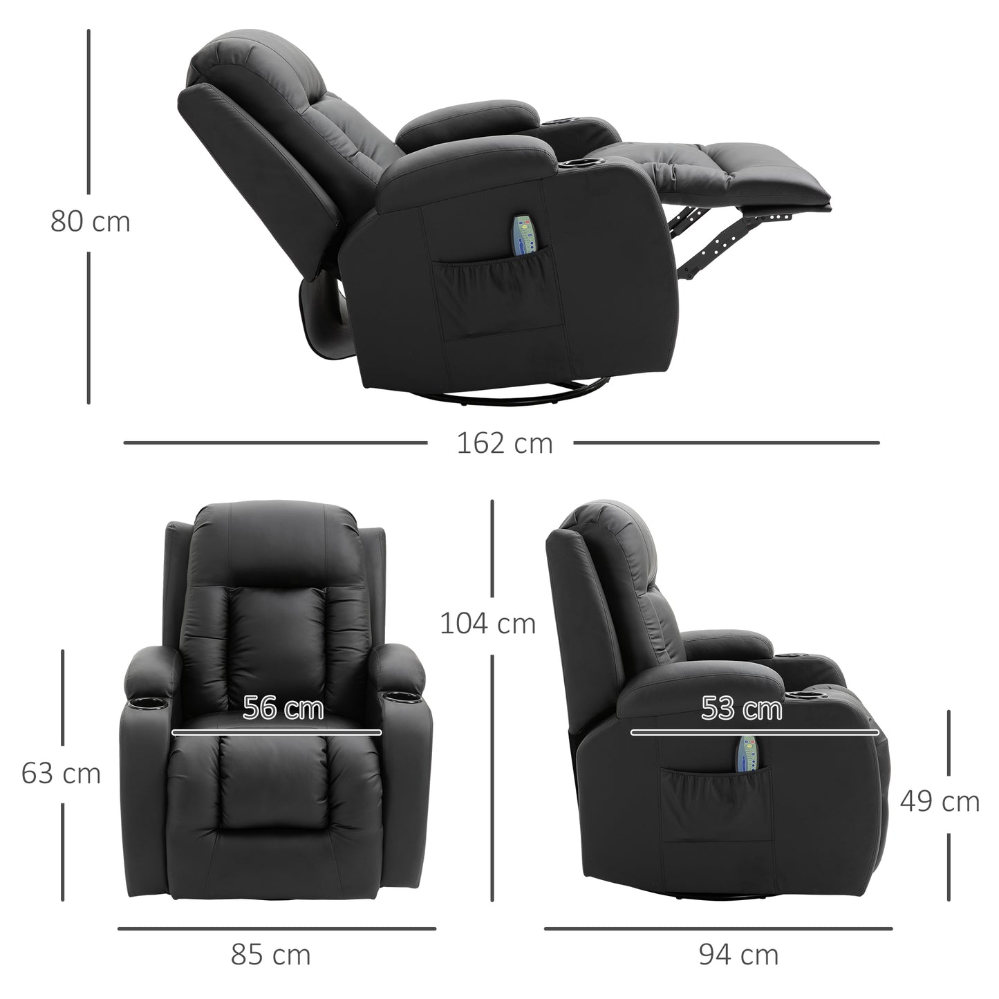 HOMCOM Sillón de Masaje Reclinable hasta 150° Silla para Relajación Sillón Relax con 8 Puntos de Masaje Vibrante Función de Calefacción Lumbar Mando a Distancia 85x94x104 cm Negro